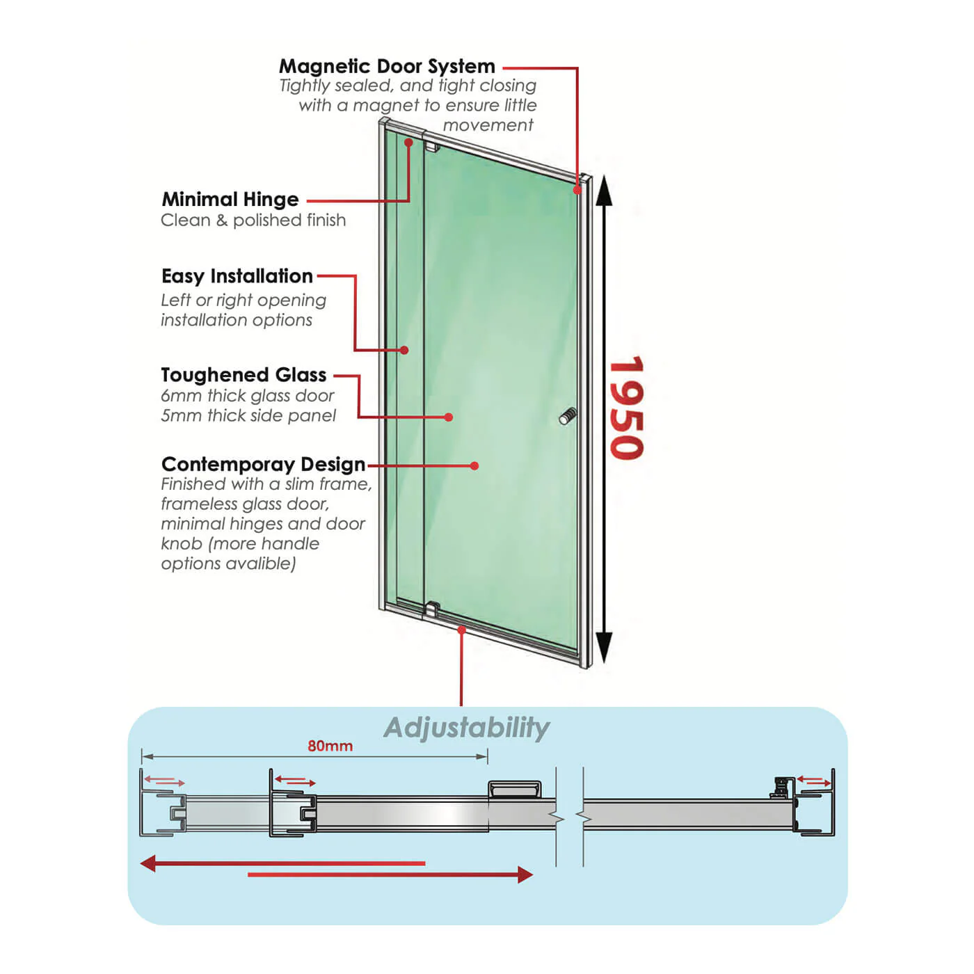 Semi-Frameless 6mm Adjustable 2-Side Shower Screen 1950mm High Chrome - Image 5