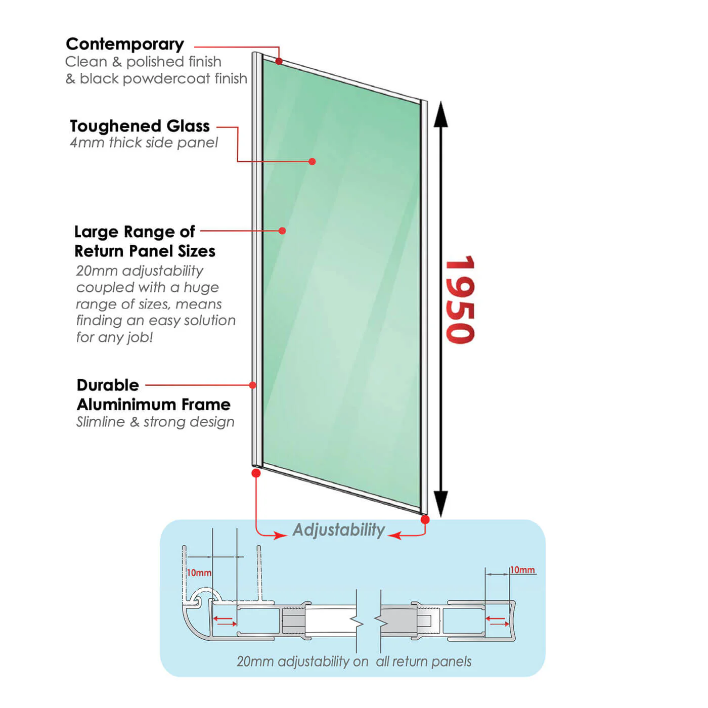 Semi-Frameless 6mm Adjustable 2-Side Shower Screen 1950mm High Chrome - Image 6