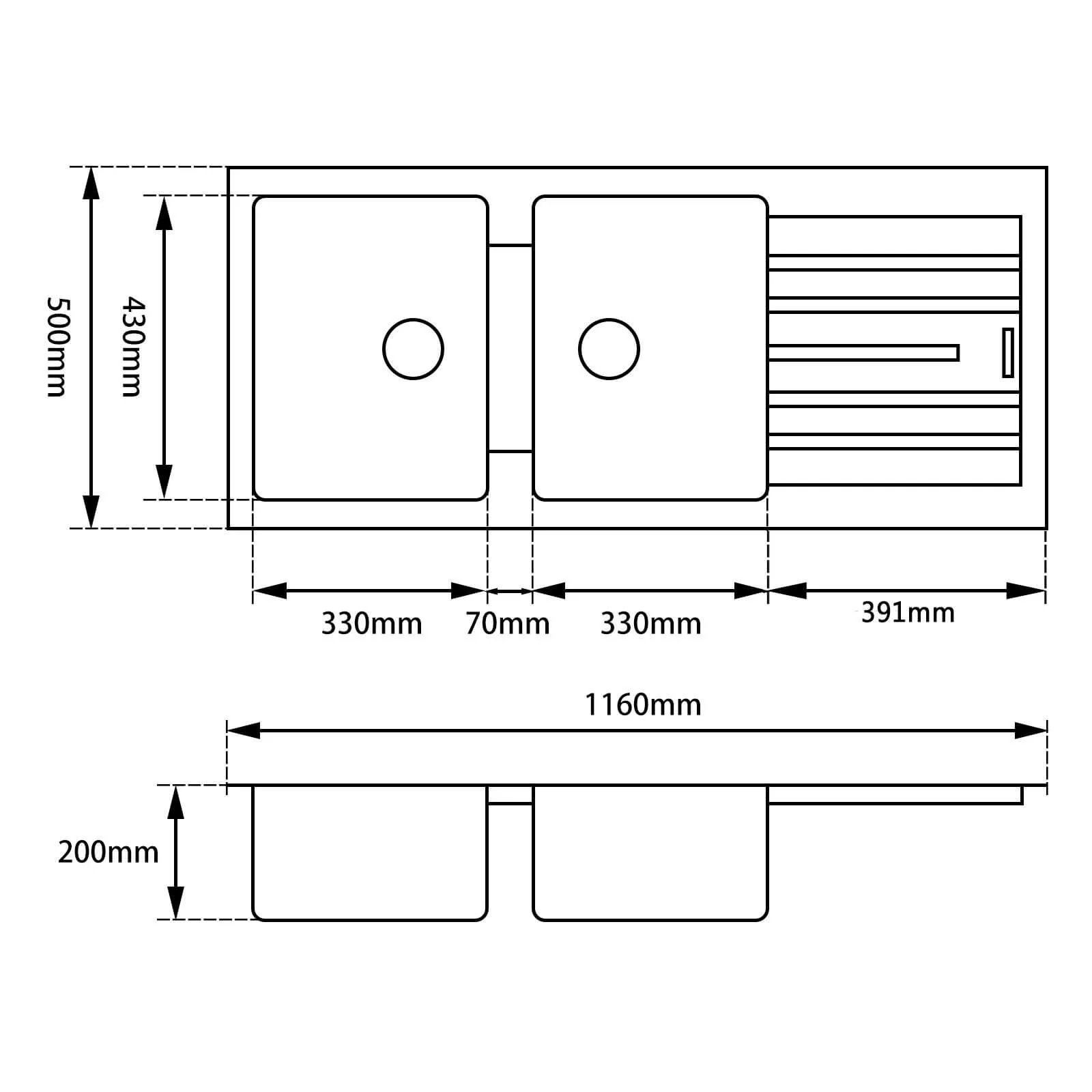 Arete Double Bowl Granite Sink with Drainer 1160x500x200mm - Image 3