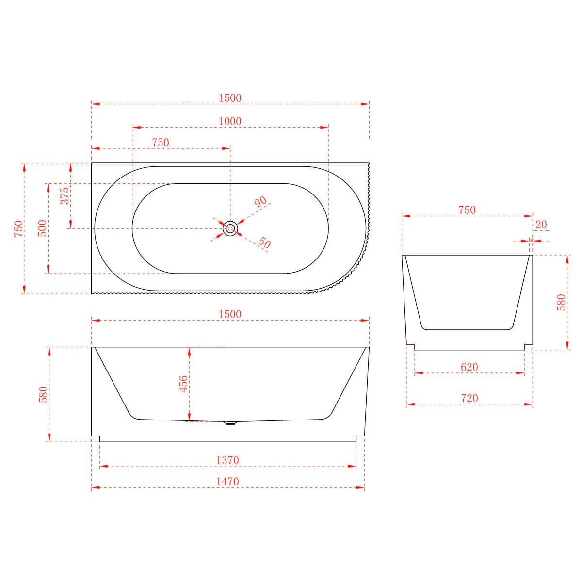 Anika Ribbed Corner Freestanding Bathtub - Image 3