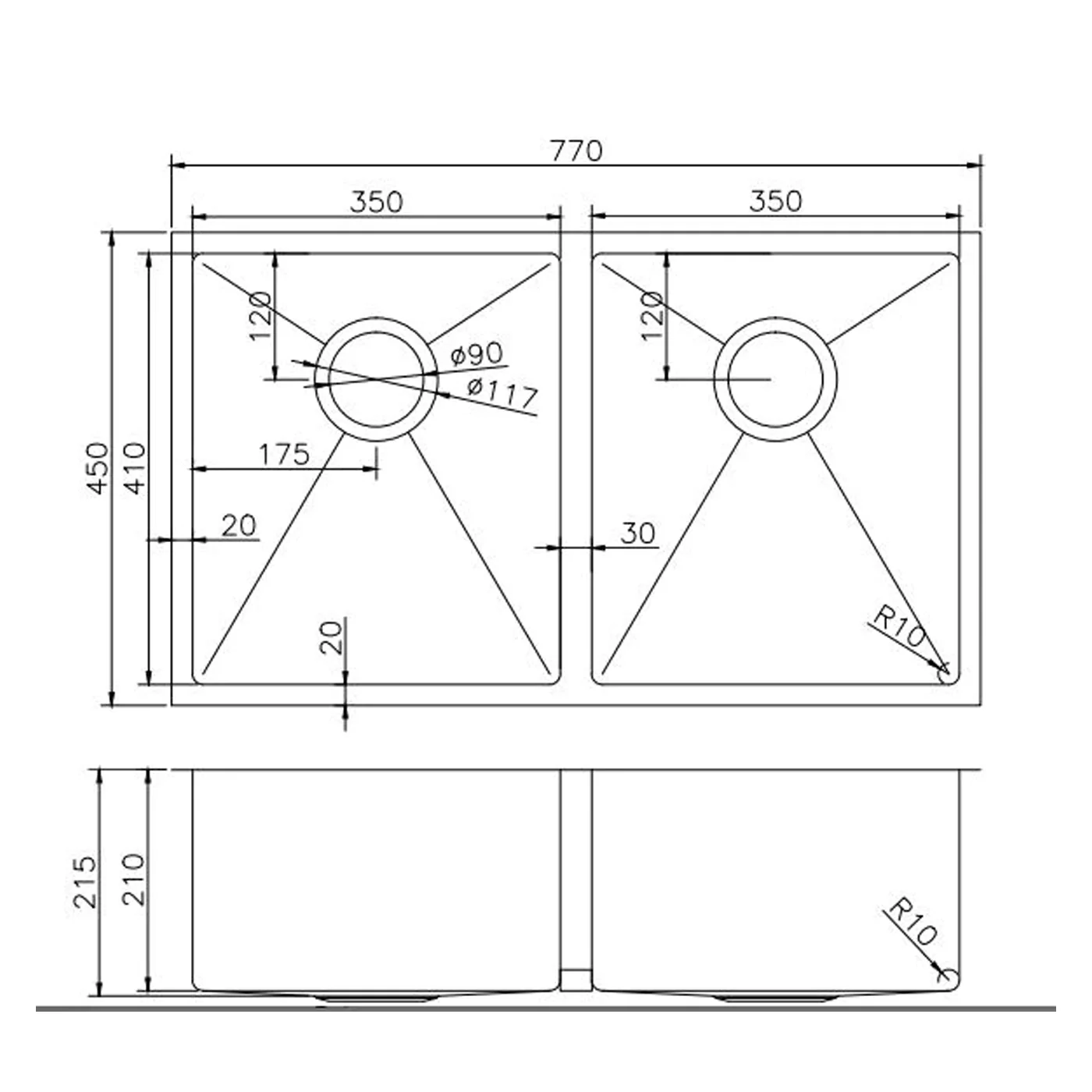 Argo Double Stainless Steel Sink 770x450x215mm - Image 2