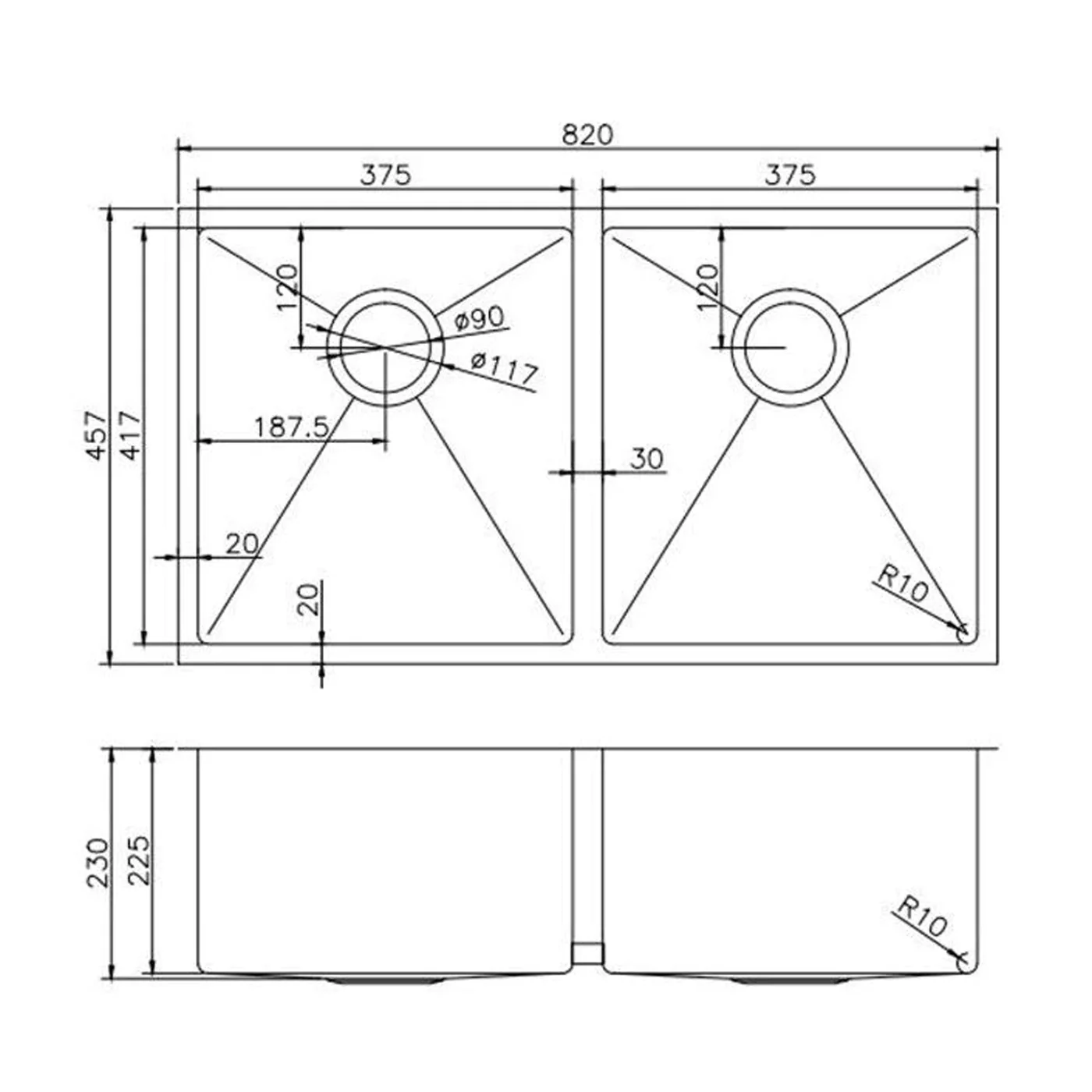 Argo Double Stainless Steel Sink 820x457x230mm - Image 2