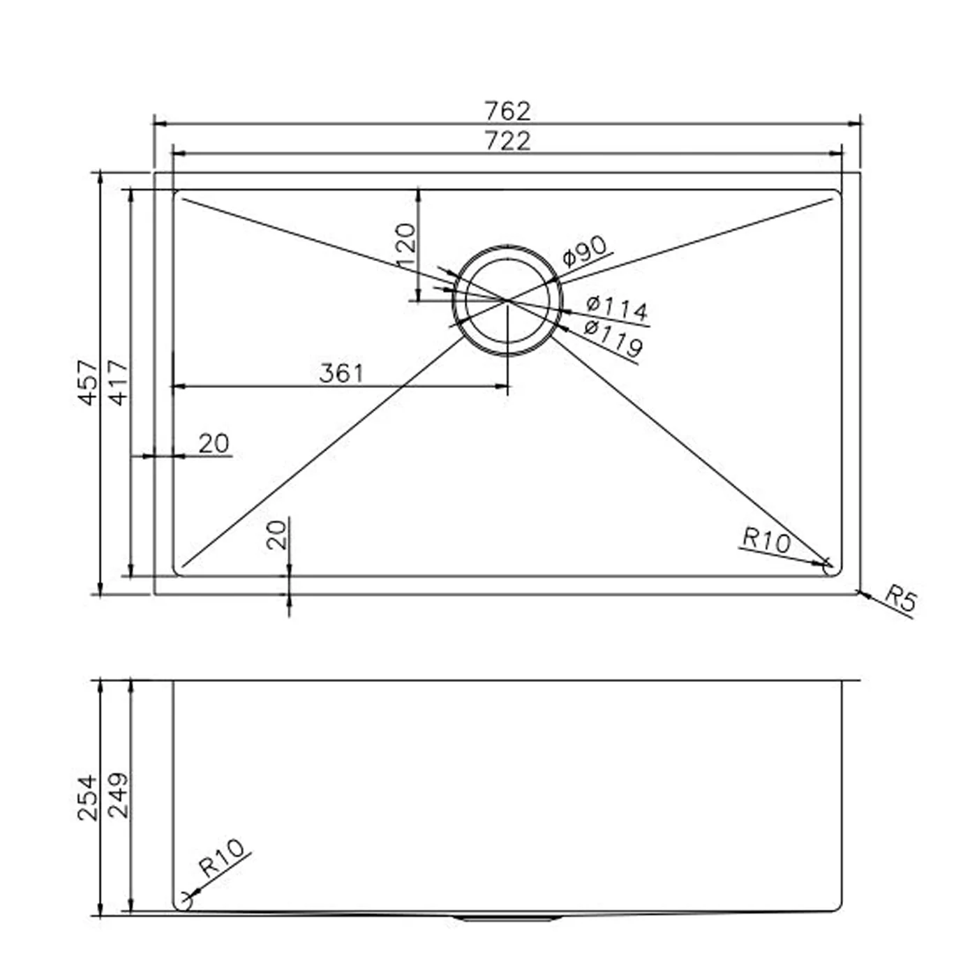 Argo Single Stainless Steel Sink 762x457x254mm - Image 2
