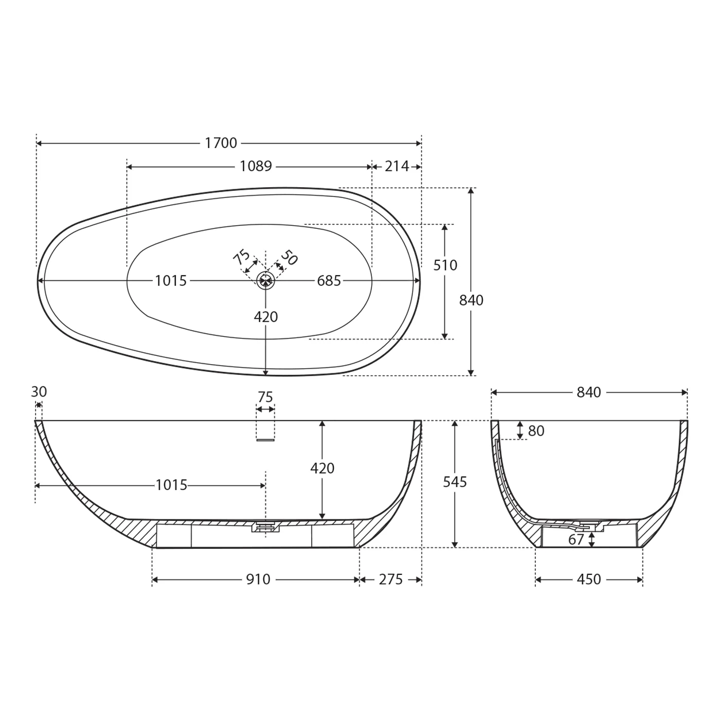 Bahama Freestanding Cast Stone Bathtub 1700mm - Image 3