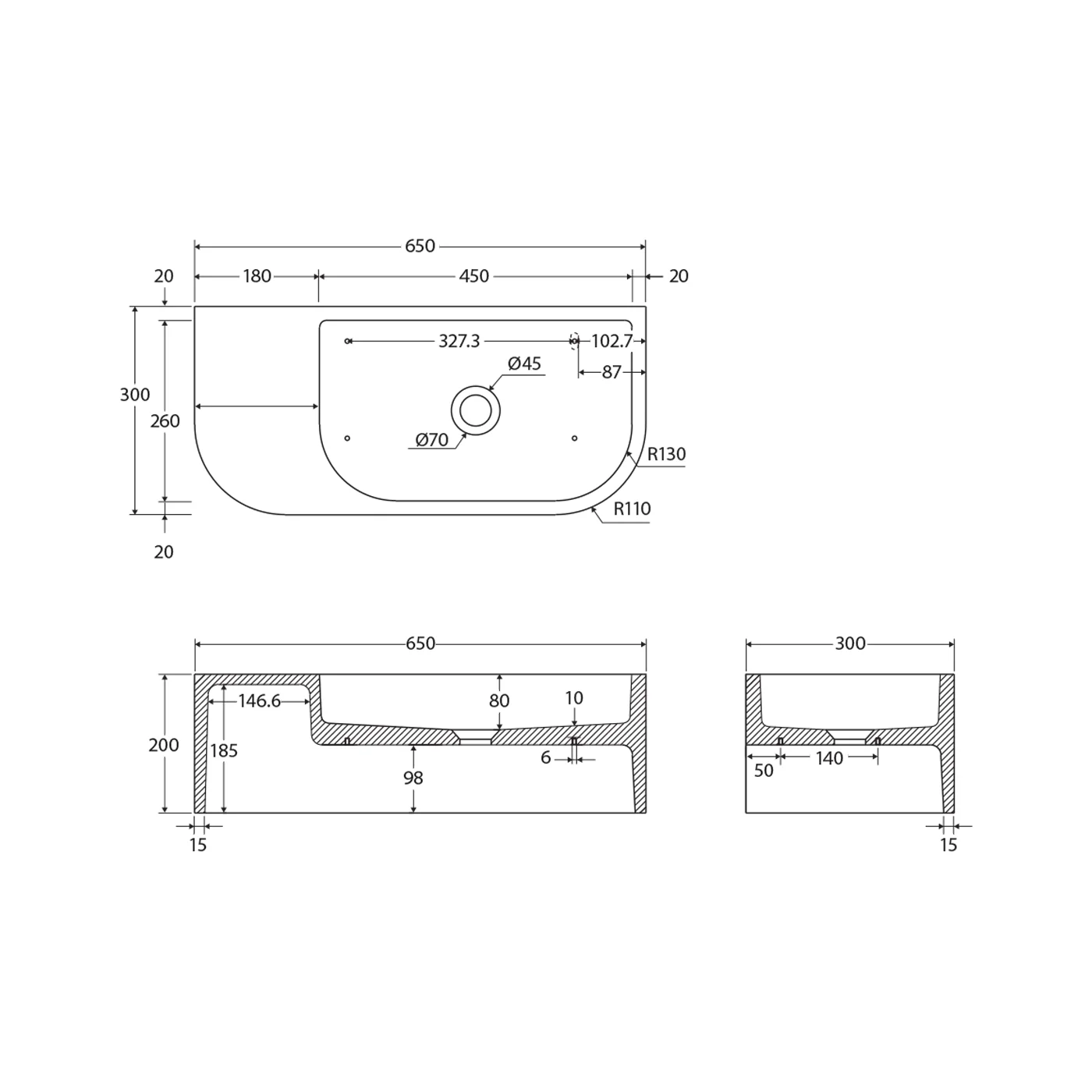 Blanca Concrete Wall Hung Basin 650x300mm - Image 7