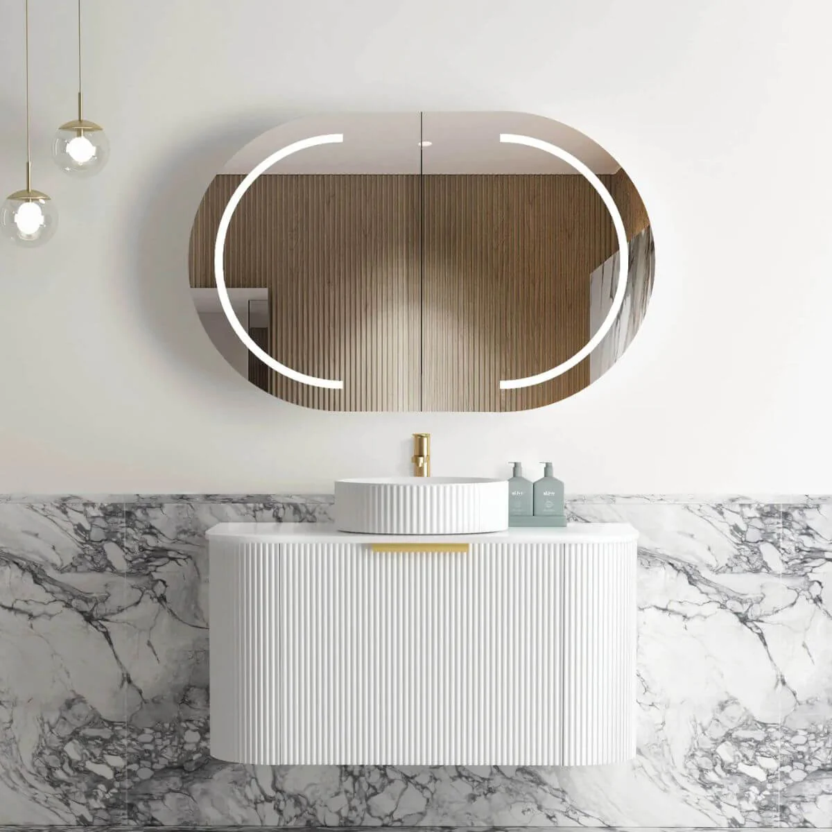 Bondi Fluted Matte White Curved Wall Hung Vanity - Image 4