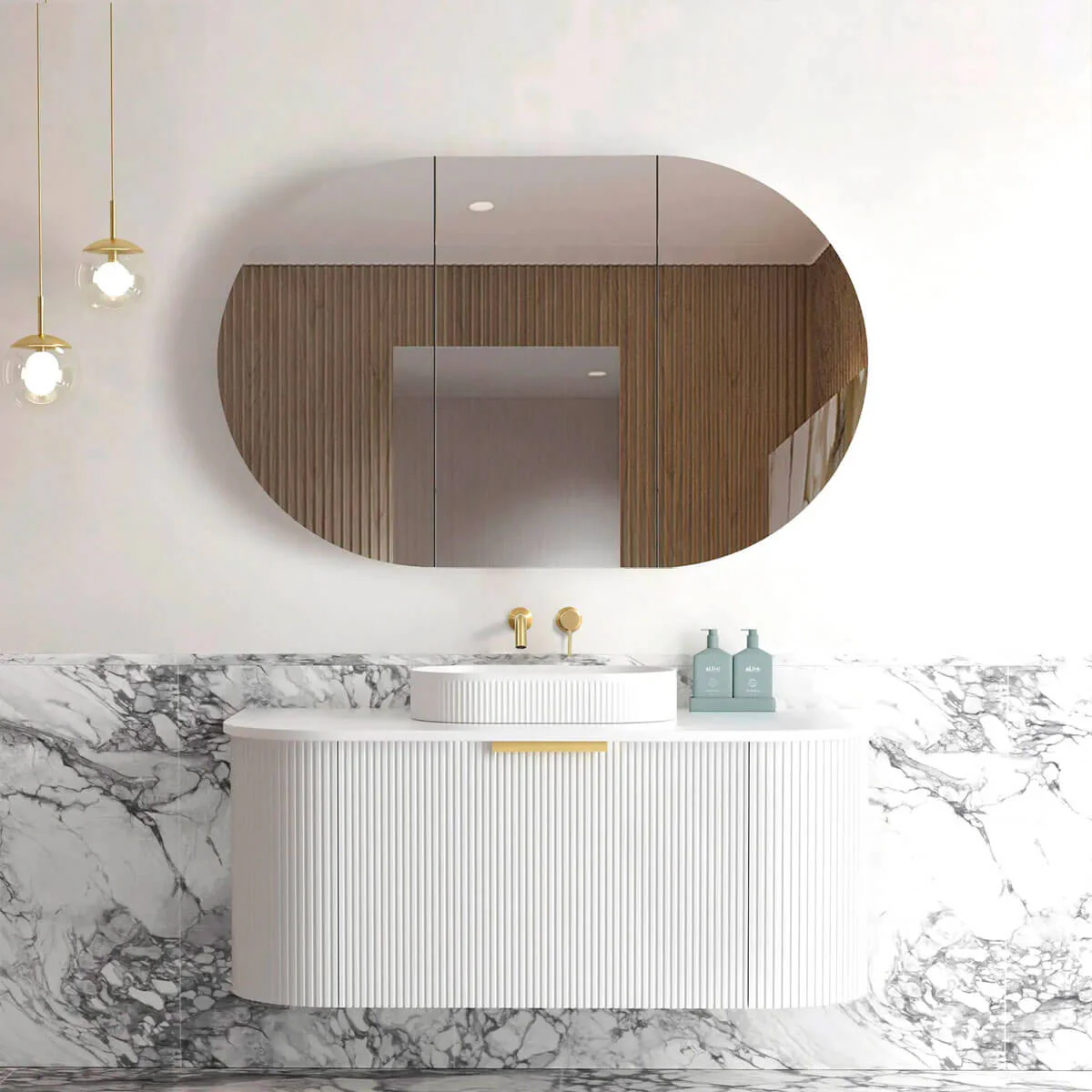 Bondi Fluted Matte White Curved Wall Hung Vanity - Image 5