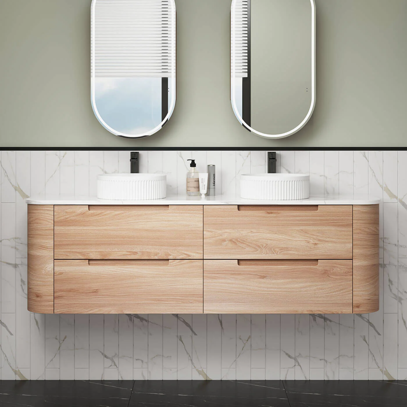 Briony Curved Timber Grain Wall Hung Vanity