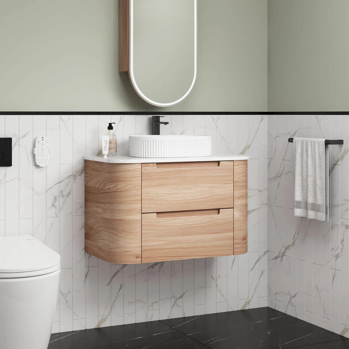 Briony Curved Timber Grain Wall Hung Vanity - Image 2