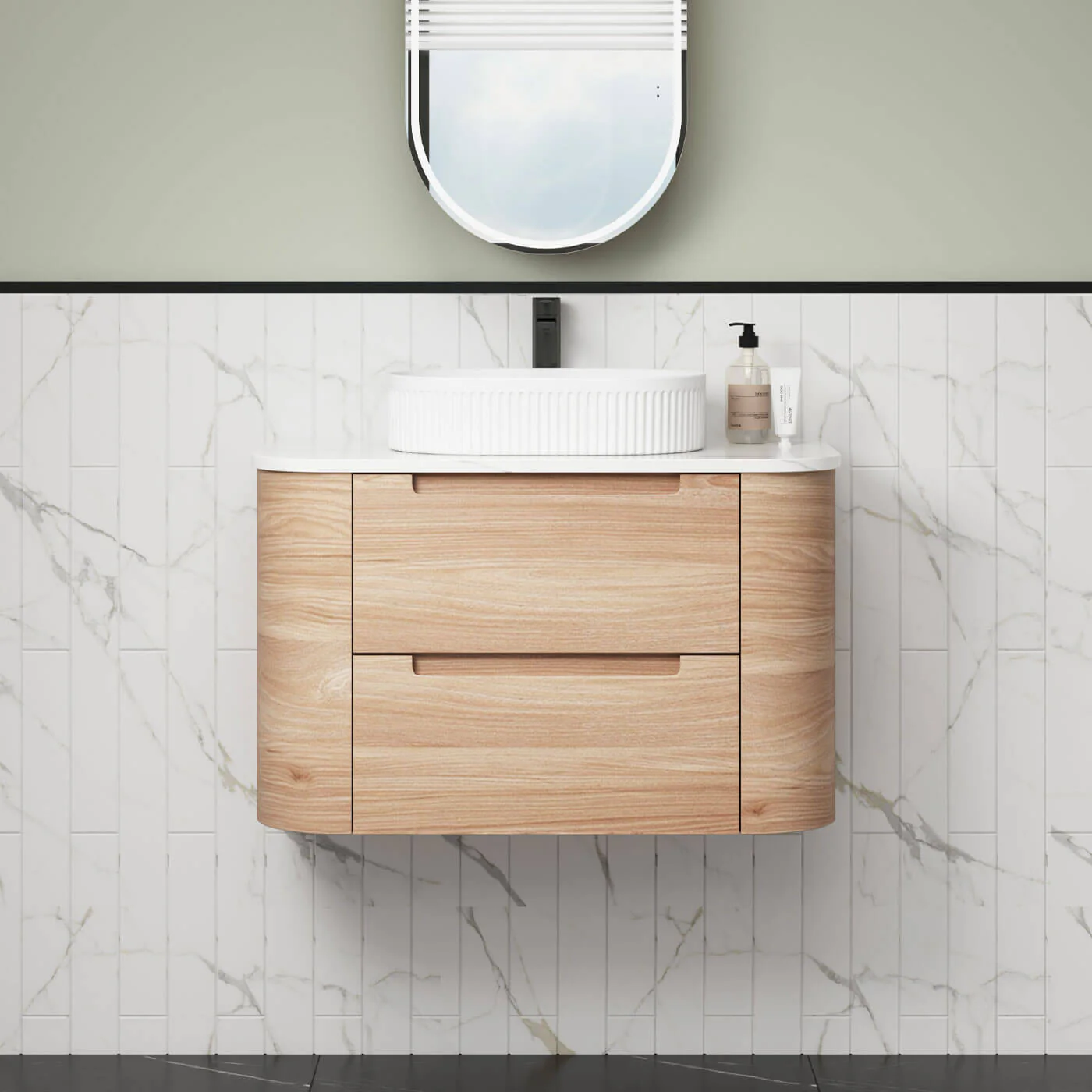 Briony Curved Timber Grain Wall Hung Vanity - Image 3
