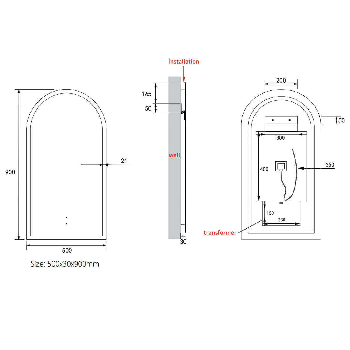 Canterbury Arch Framed Backlit LED Mirror 500x900mm - Image 8