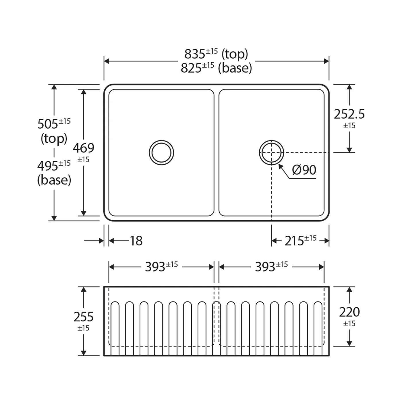 Charlton Double Butler Farmhouse Sink 835x505x255mm - Image 4