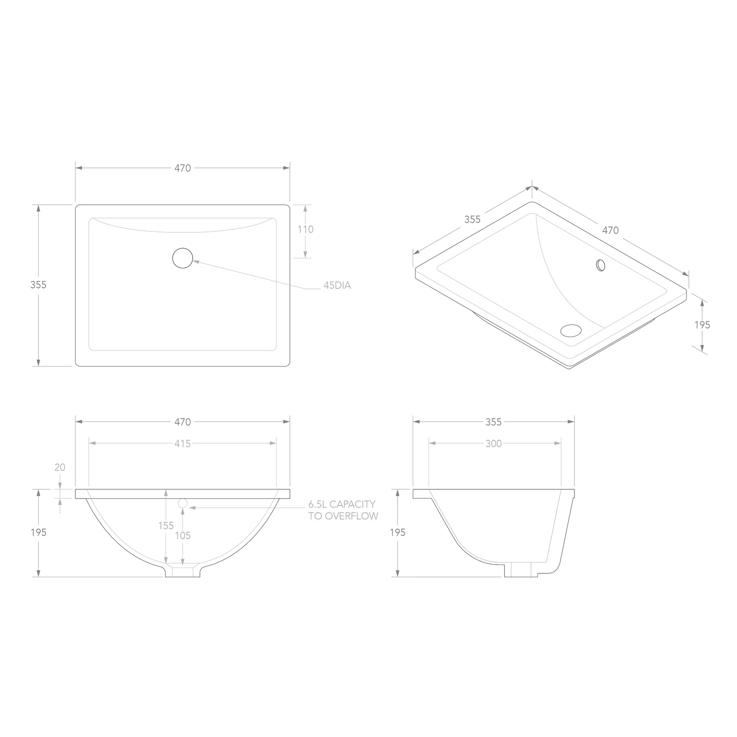 Dish Undermount Rectangular Ceramic Basin 465x350mm - Image 3