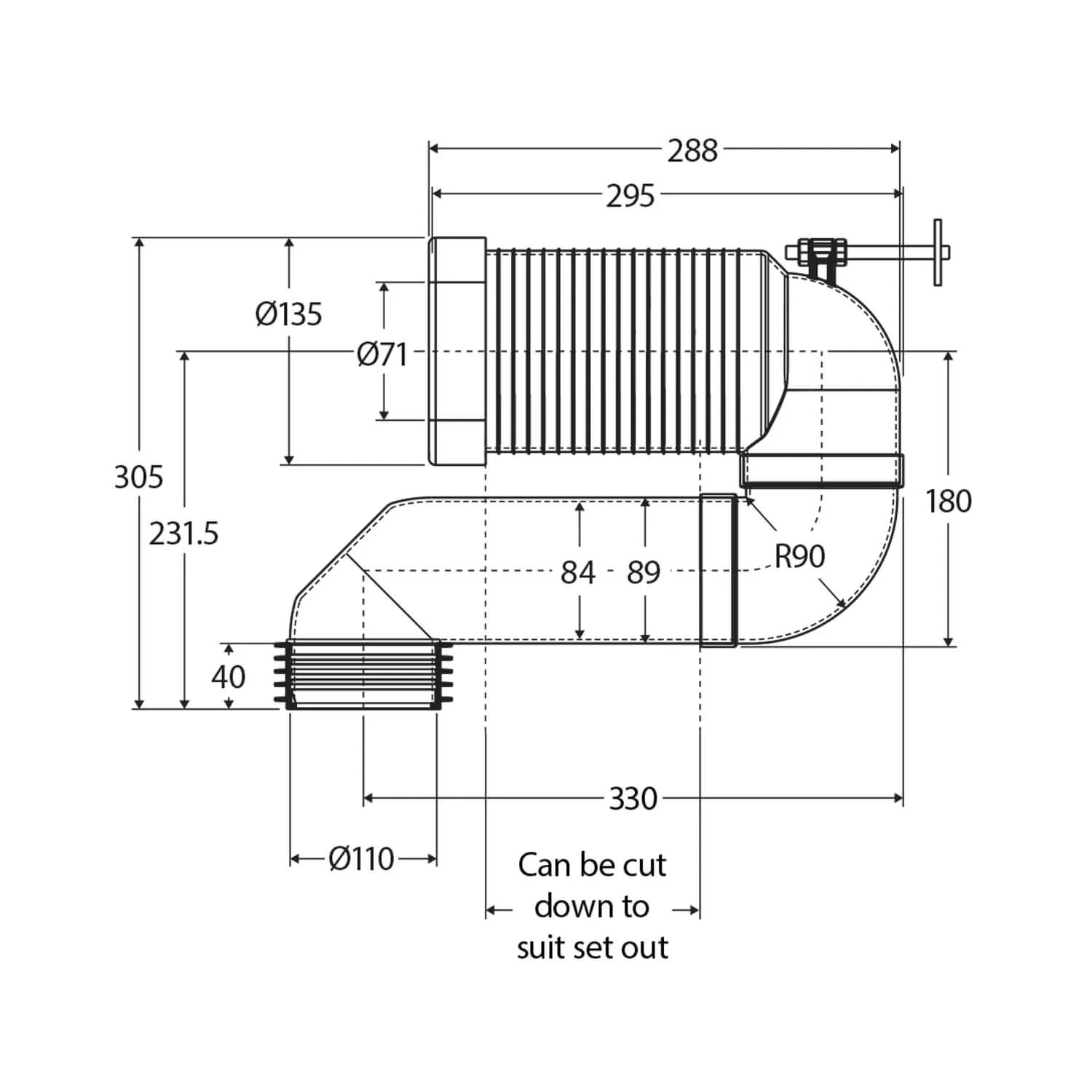 Extended Toilet S-Trap Pipe 160-230mm - Image 2