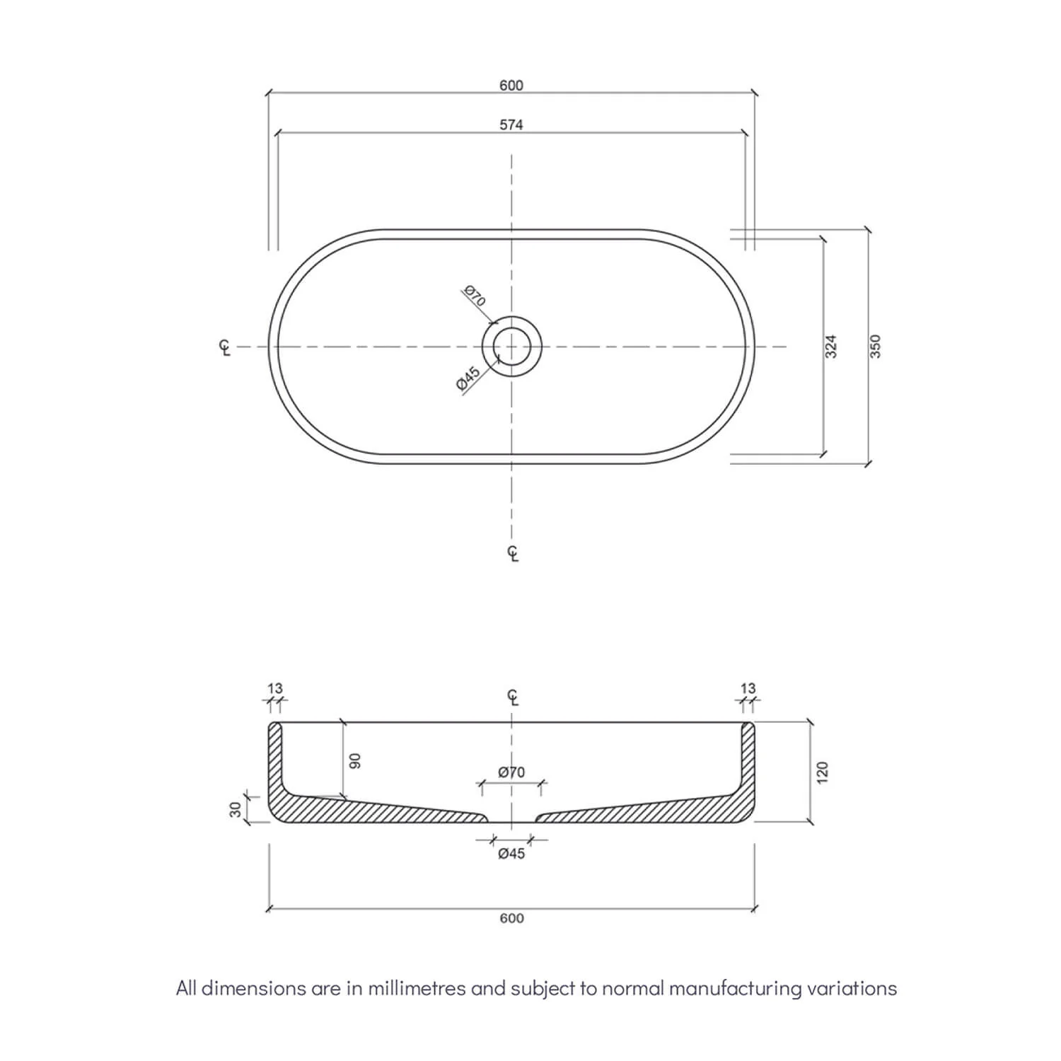 Fluted Pill Concrete Above Counter Basin 600mm - Image 4