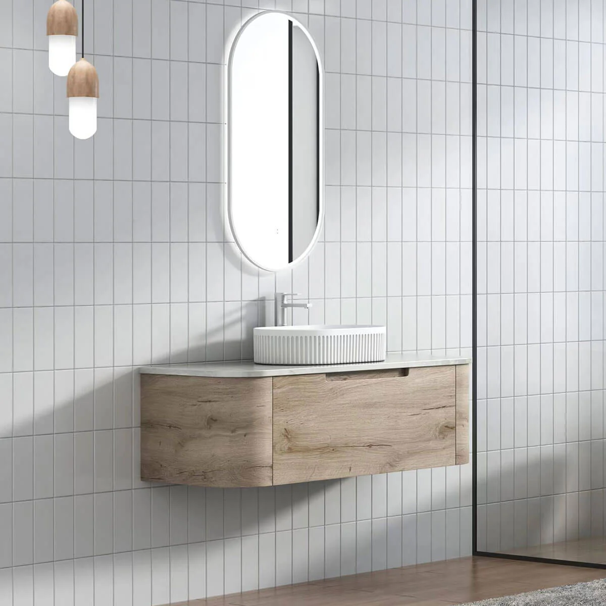 Hamilton Curved Timber Colour Wall Hung Vanity - Image 4