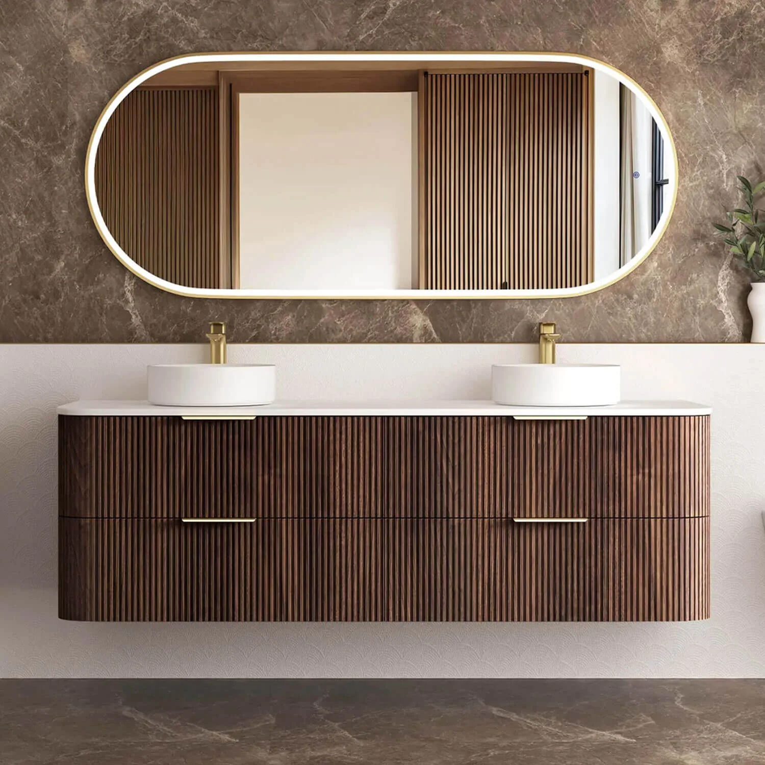 Havana Walnut Fluted Curved Wall Hung Vanity - Image 6