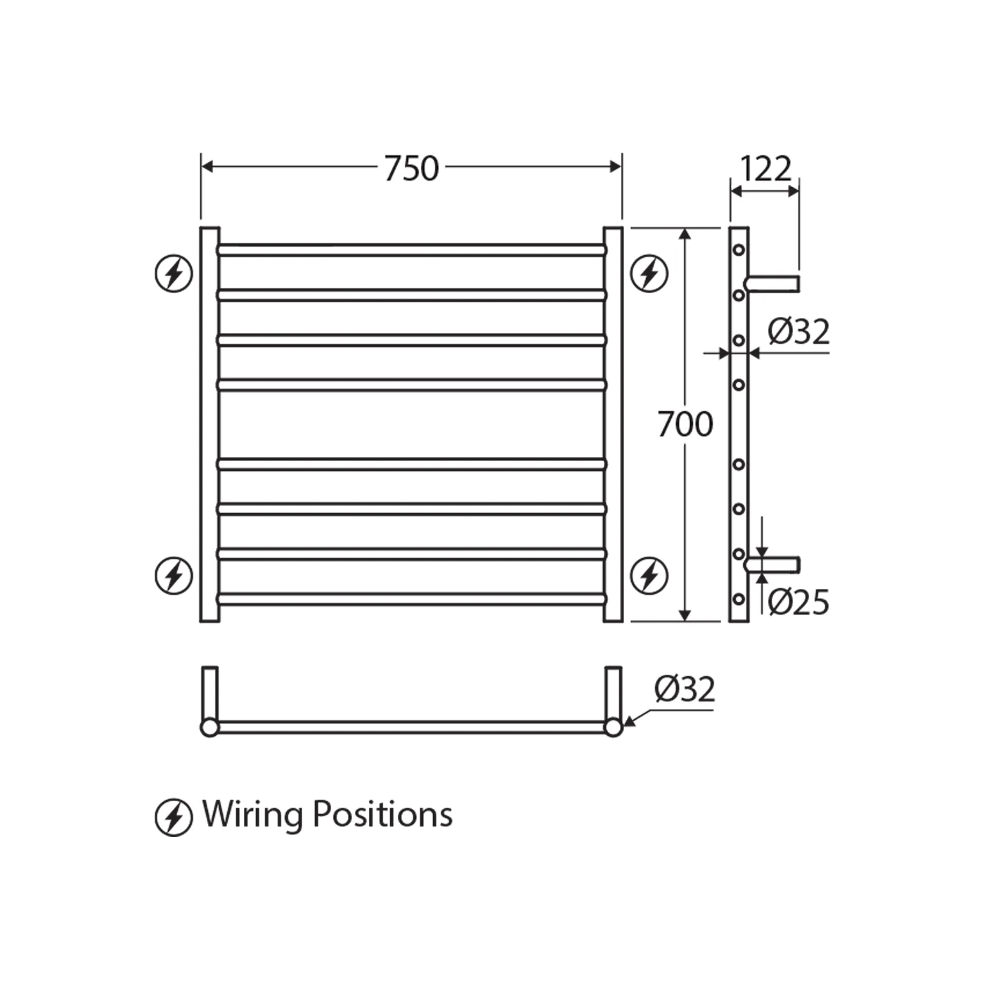 Isabella 8 Bar Heated Towel Rack 750x700mm - Image 5