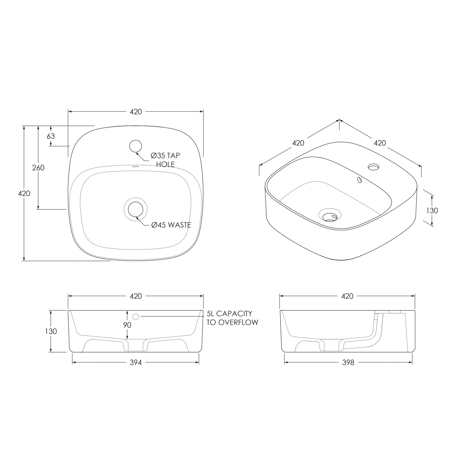 Jill Square Tap Hole Ceramic Basin 420mm - Image 3
