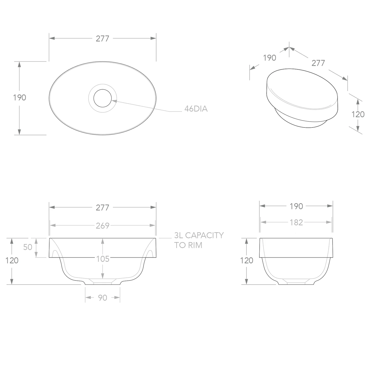 Joy Inset Oval Solid Surface Basin 277x190mm - Image 3