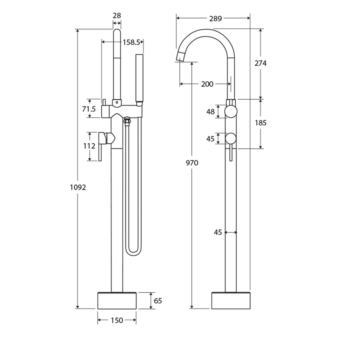 Kaya Floor Mounted Freestanding Bath Spout with Handset - Image 6