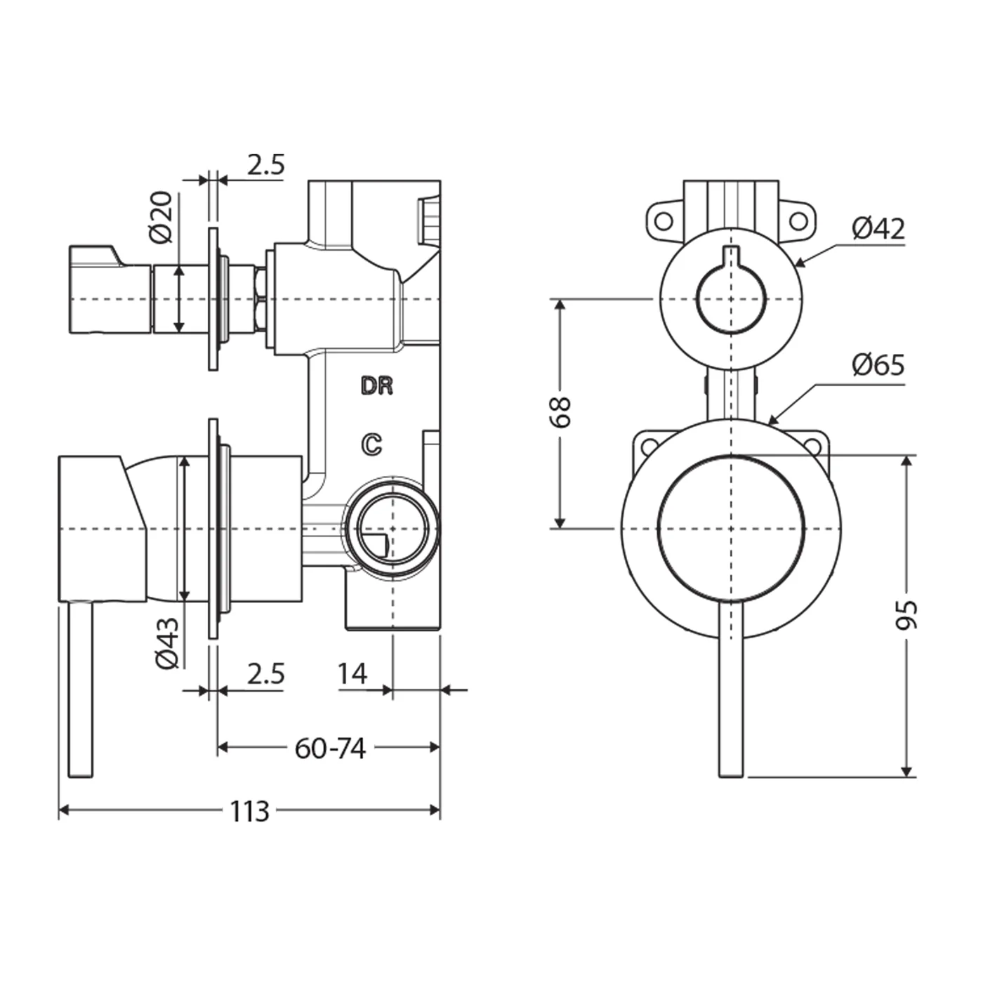Kaya Pin Handle Diverter Shower Wall Mixer - Image 7