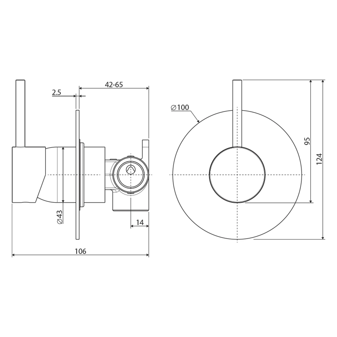 Kaya Upright Handle Shower Wall Mixer 100mm Backplate - Image 6