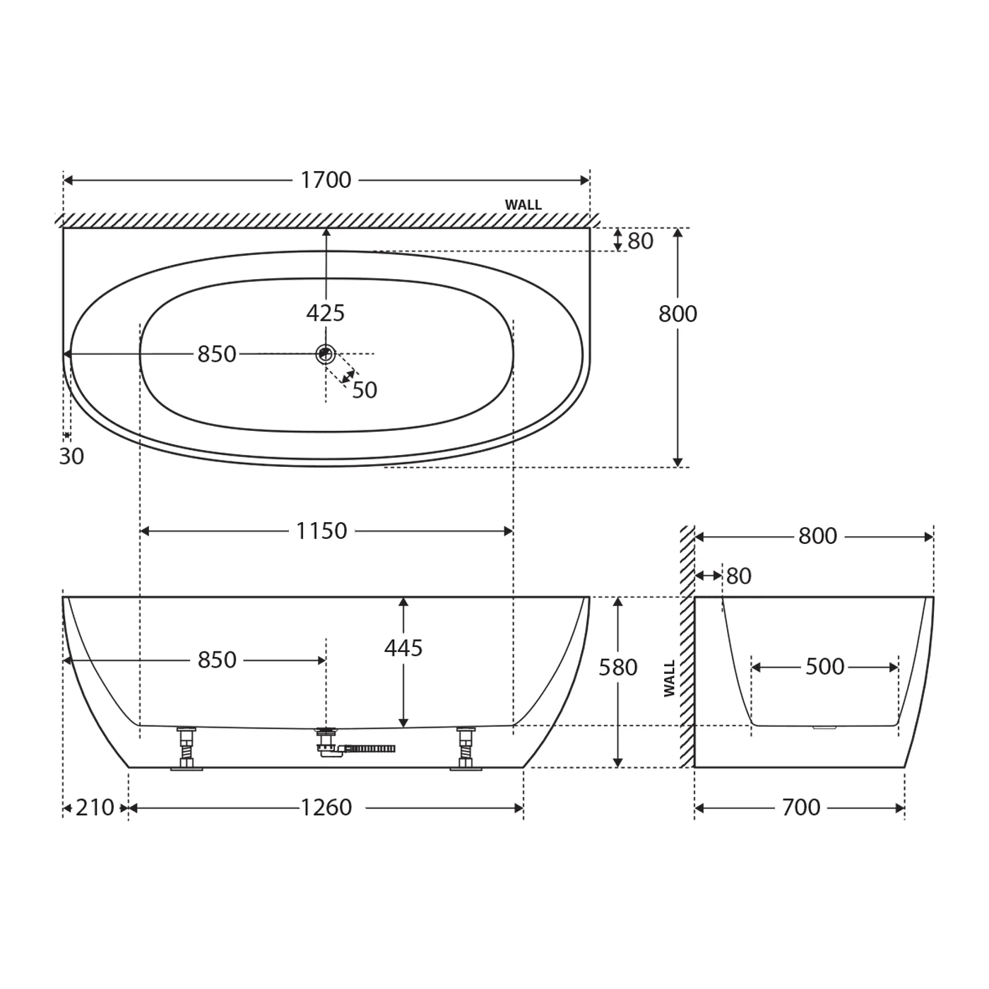 Keeto Back to Wall Overflow Bathtub - Image 4