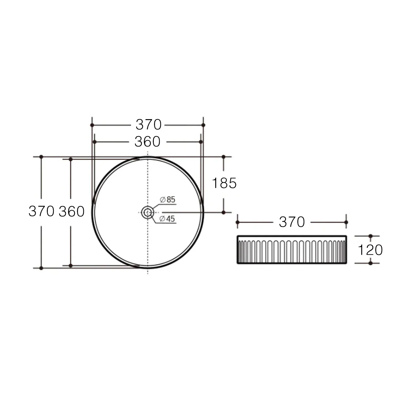 Kira Circle Fluted Above Counter Ribbed Basin 370x370mm - Image 3
