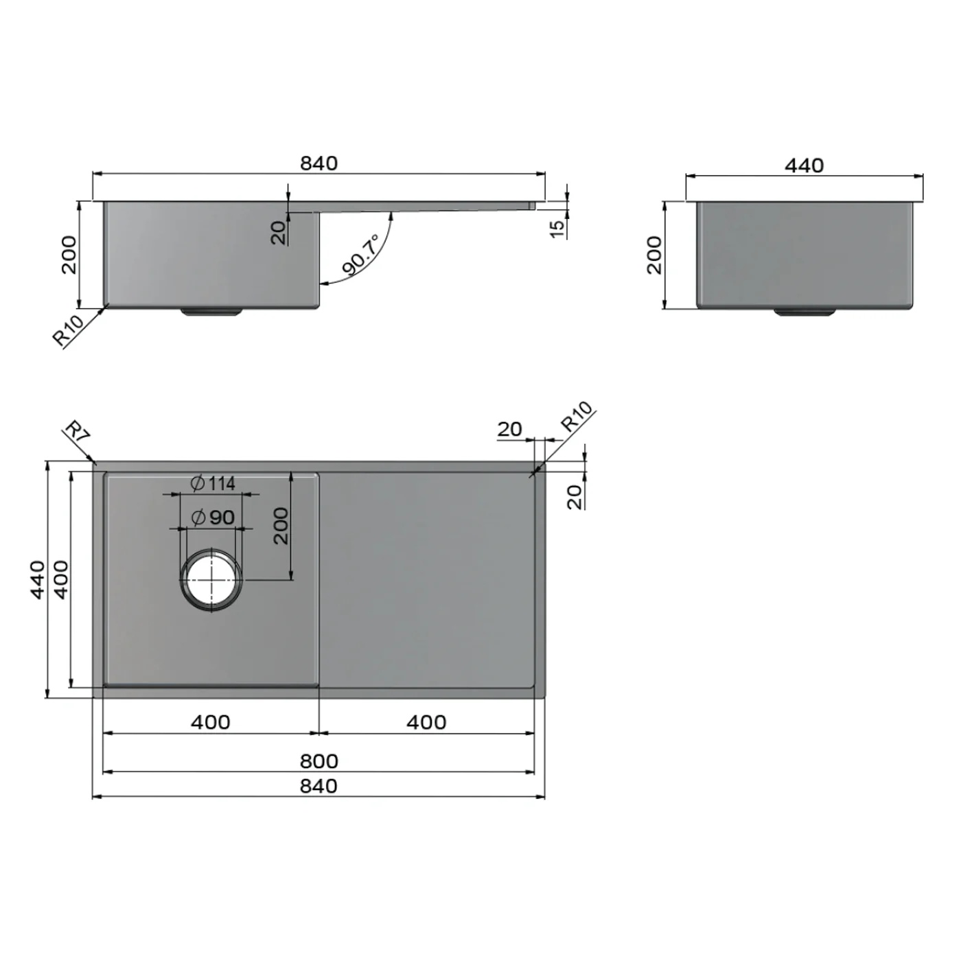 Lavello Single Stainless Steel Sink with Drainer 840x440x200mm - Image 4