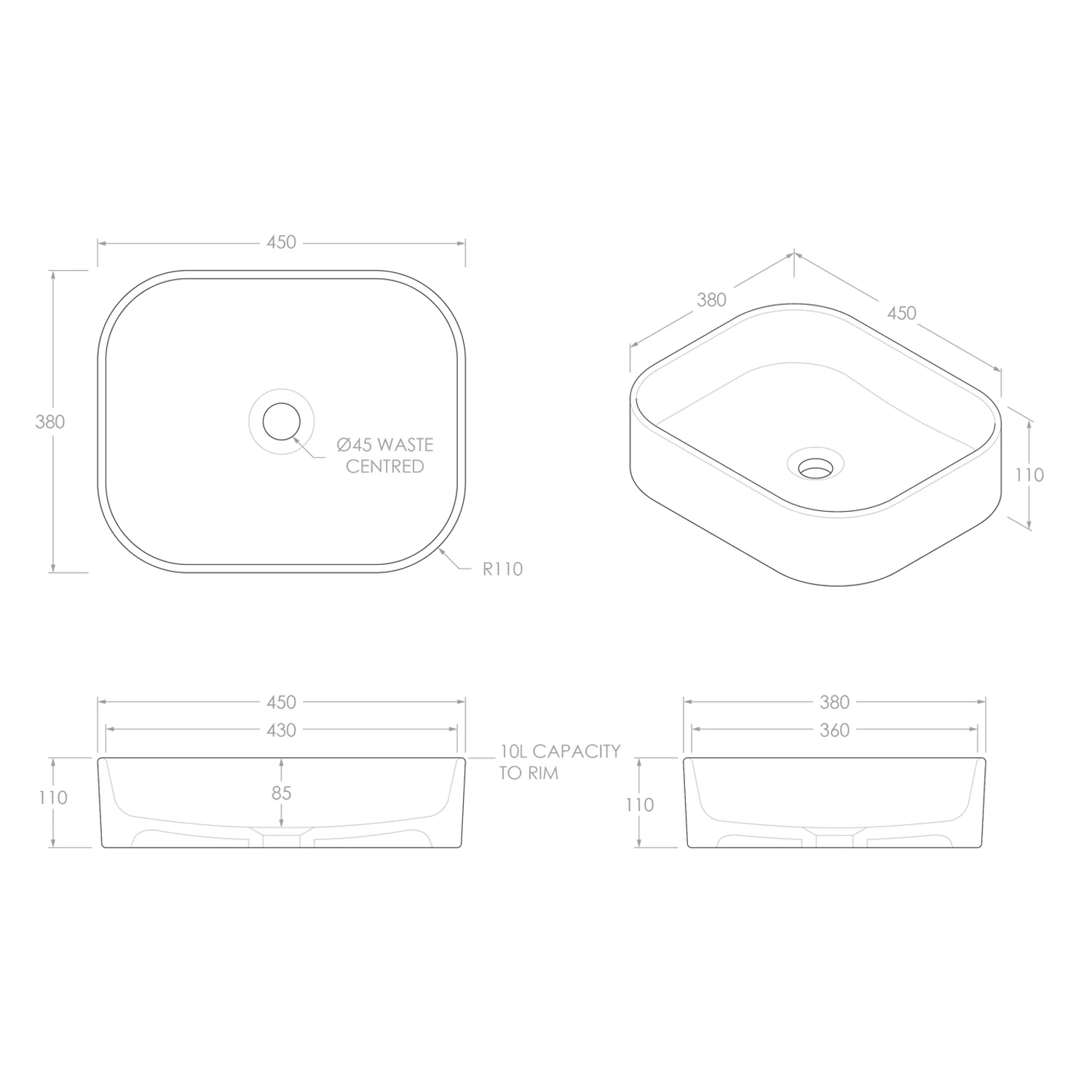 Louie Curved Corner Basin 450x380mm - Image 3