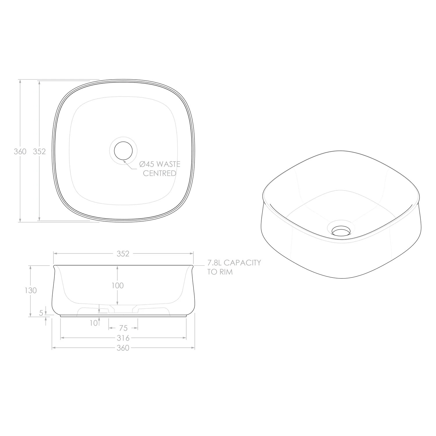 Love Curved Square Ceramic Basin 360mm - Image 3