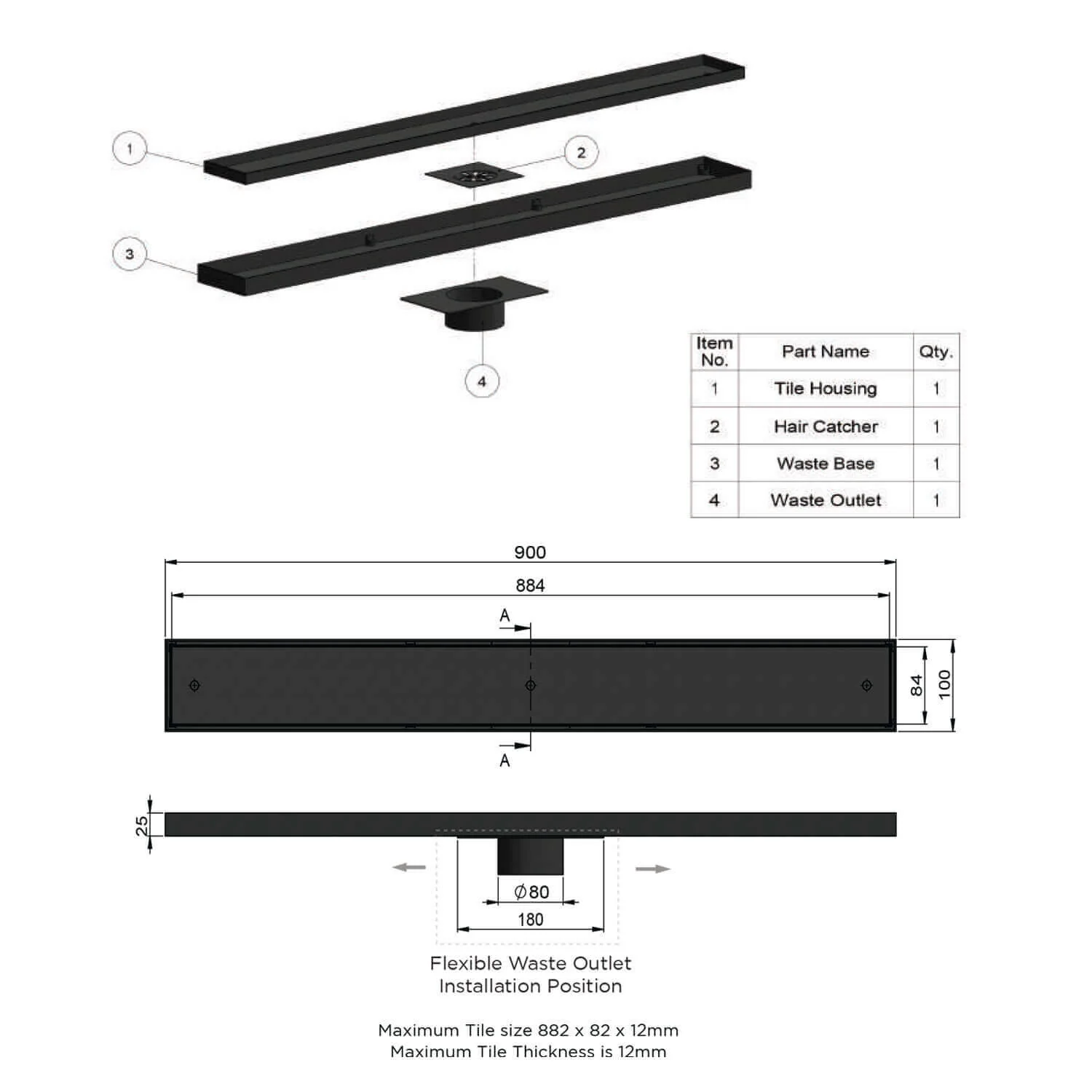Meir Tile Insert Shower Grate 900mm - Image 6