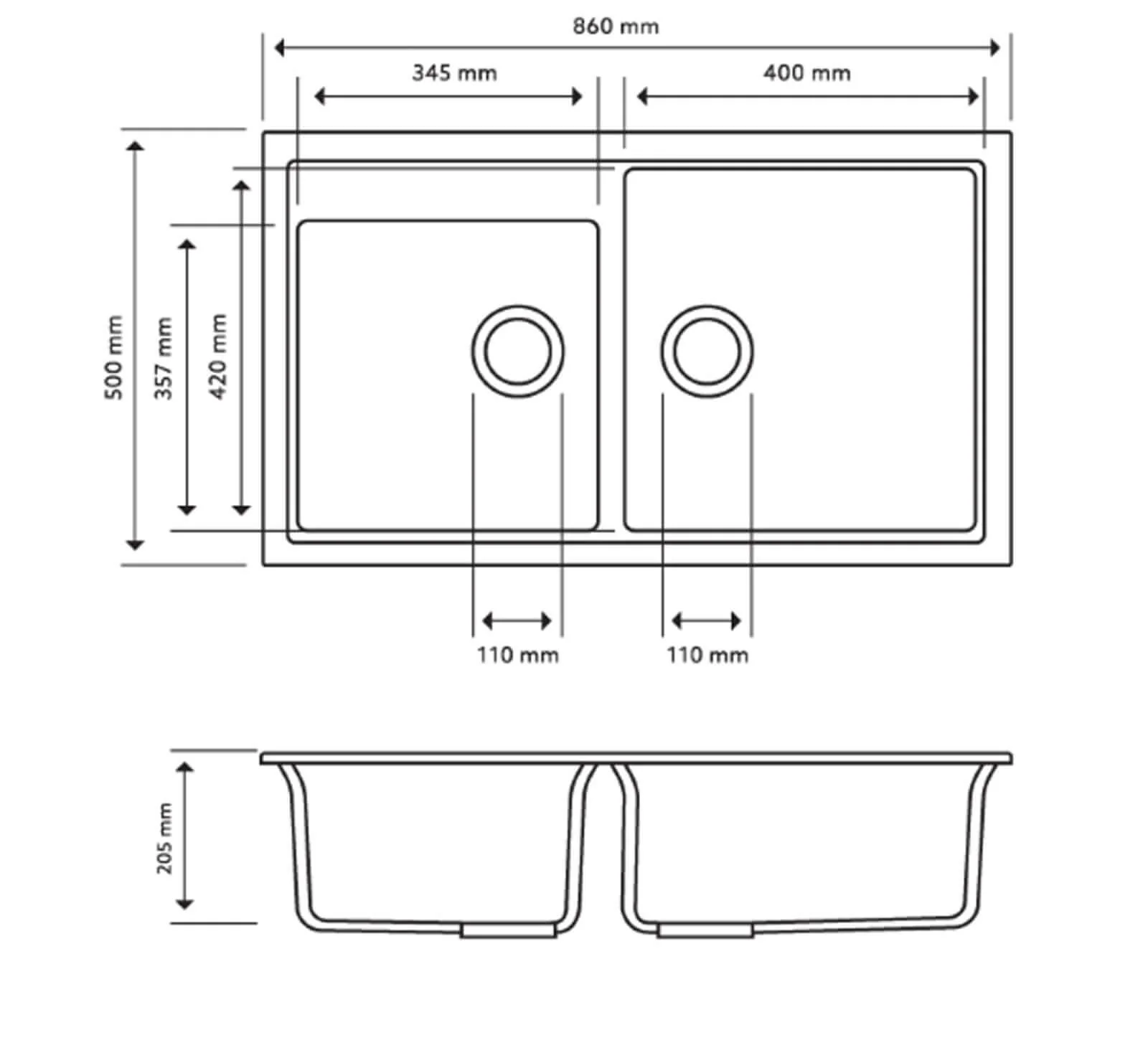 Vivaldi Double Bowl Granite Sink 860x500x205mm - Image 4