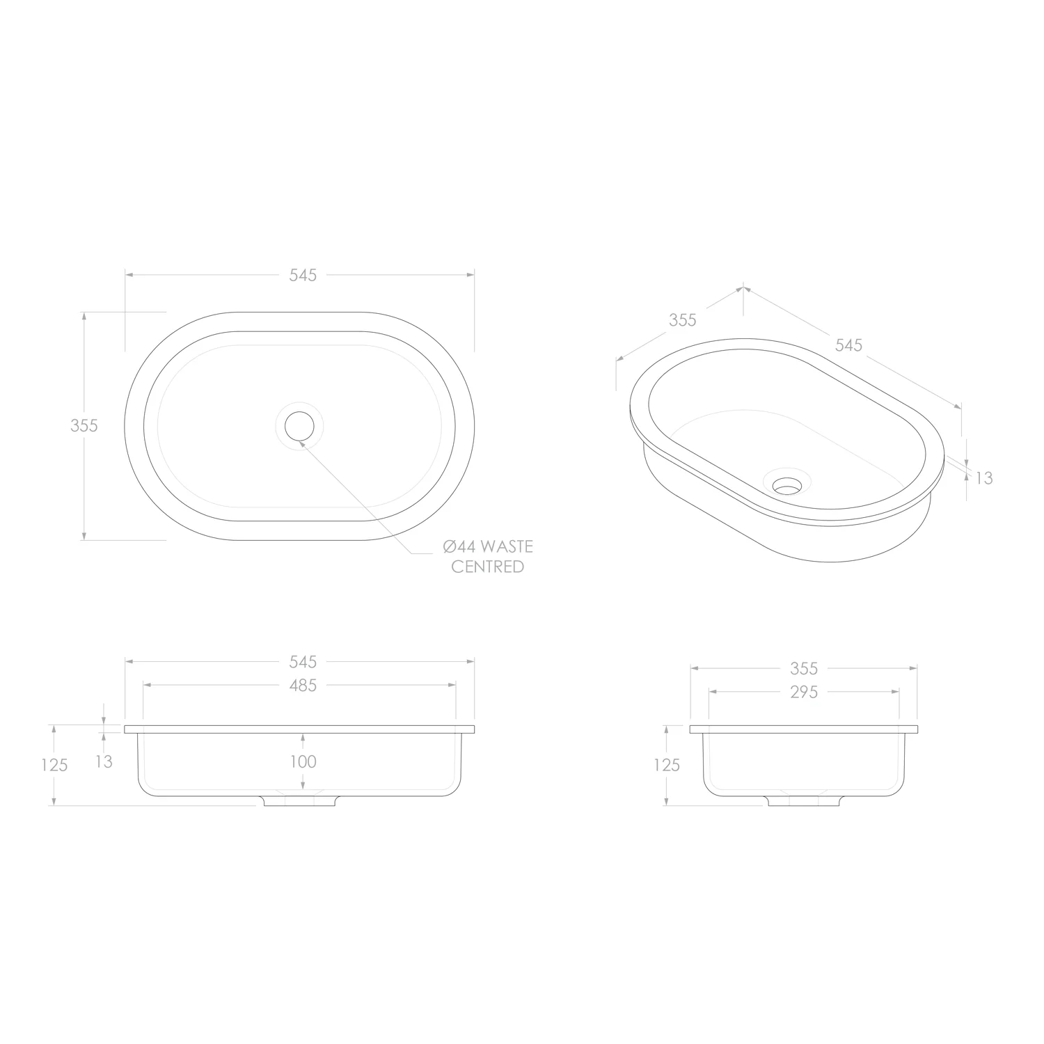 Mila Oval Undermount Solid Surface Basin 545x355mm - Image 3
