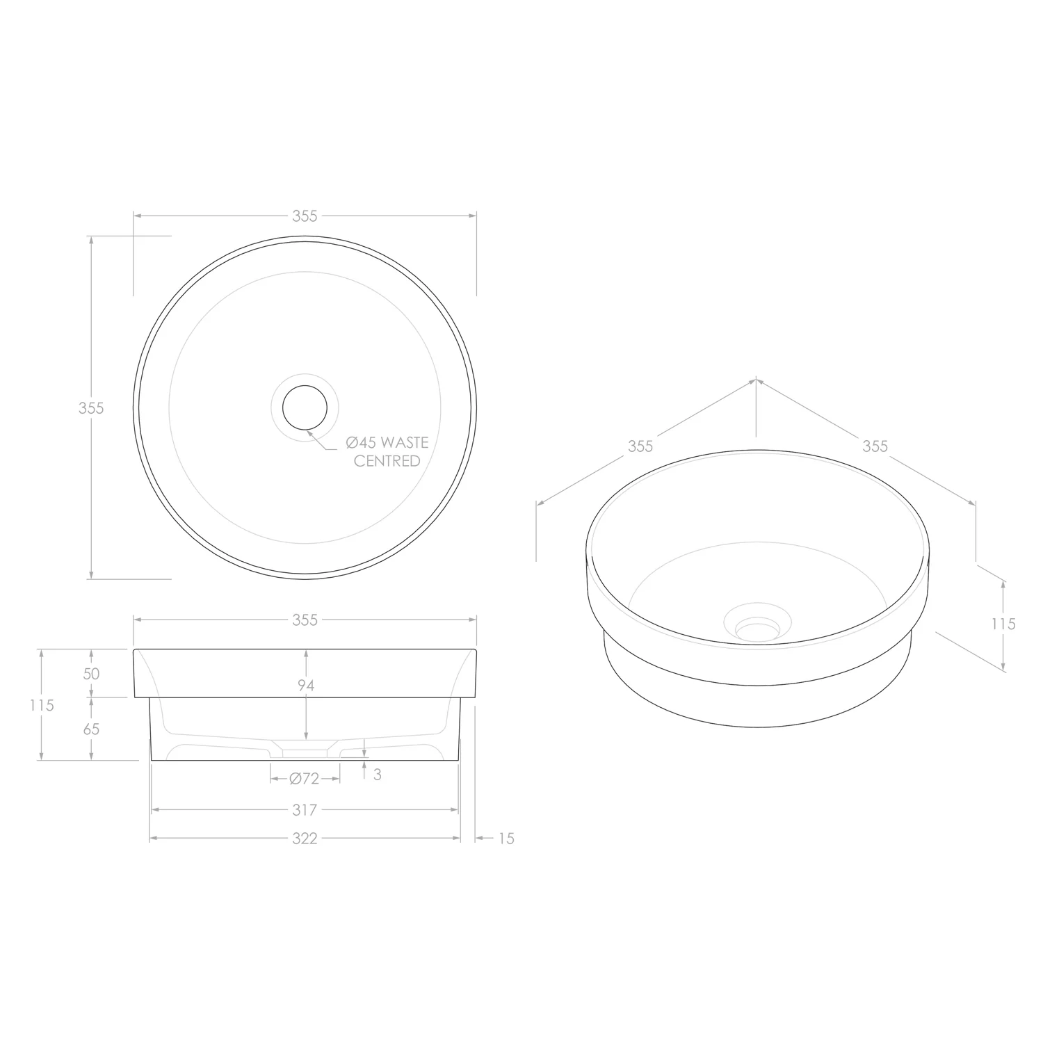 Monica Inset Round White Ceramic Basin 355mm - Image 5