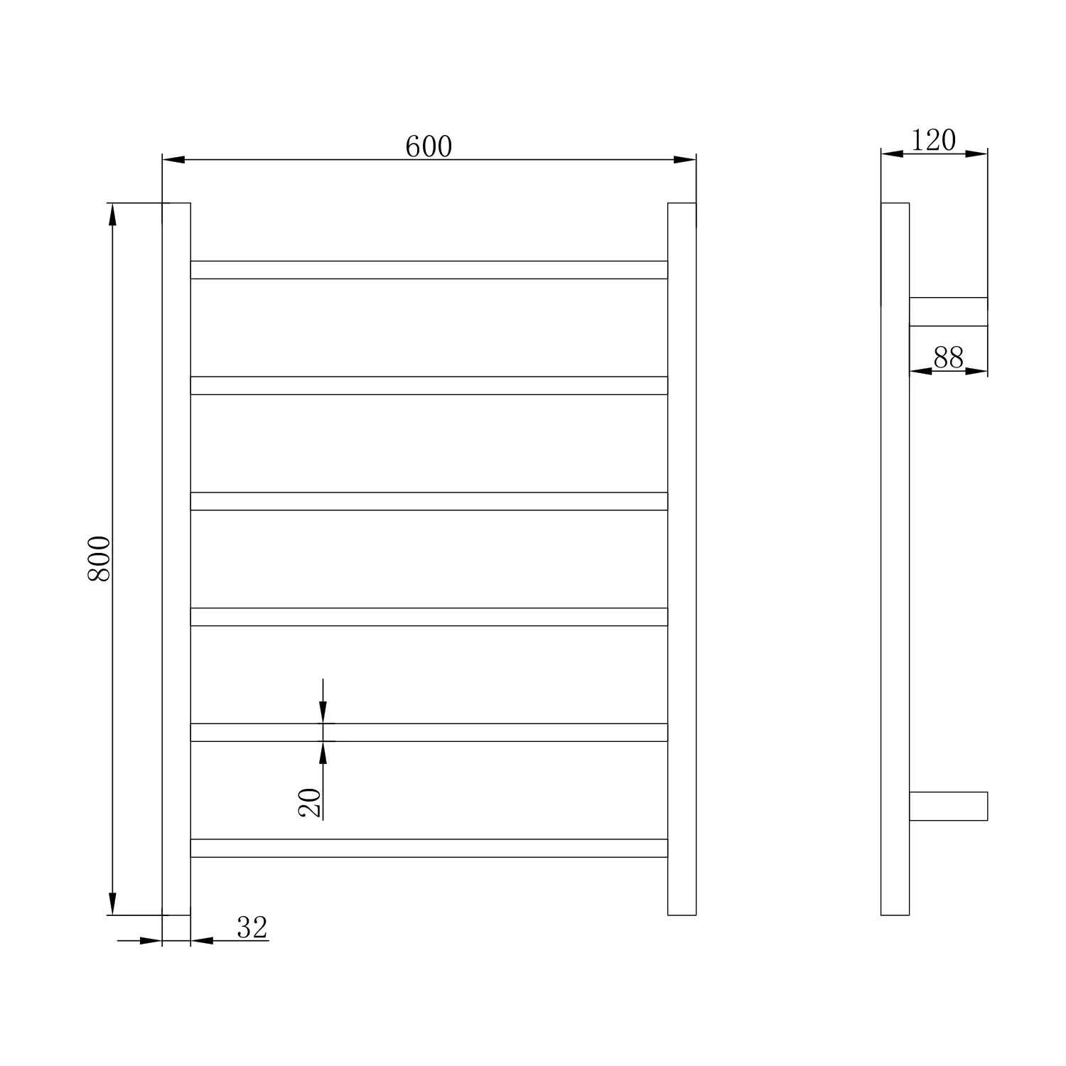 Morgan 6 Bar Heated Towel Rack 600x800mm - Image 7