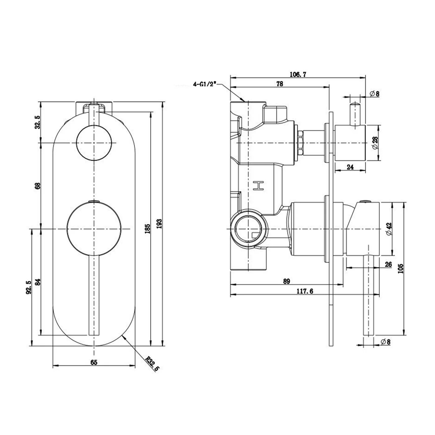 Morgan Bathroom Pin Handle Wall Mixer with Diverter - Image 7