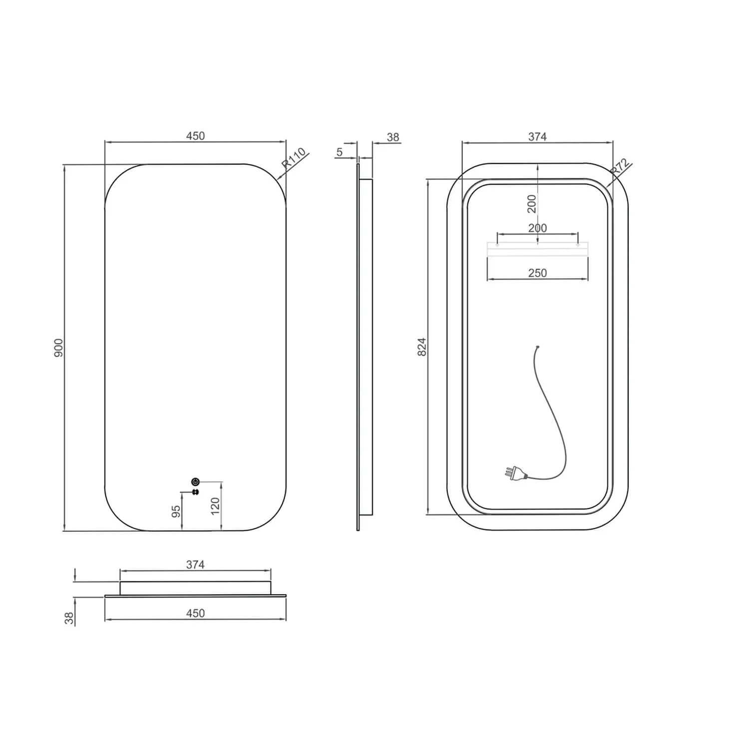 Newport LED Frameless Bathroom Mirror 450x900mm - Image 2