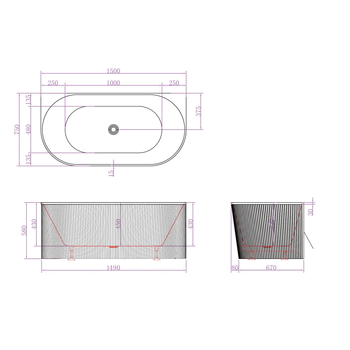 Noosa Fluted Back to Wall Bathtub - Image 3