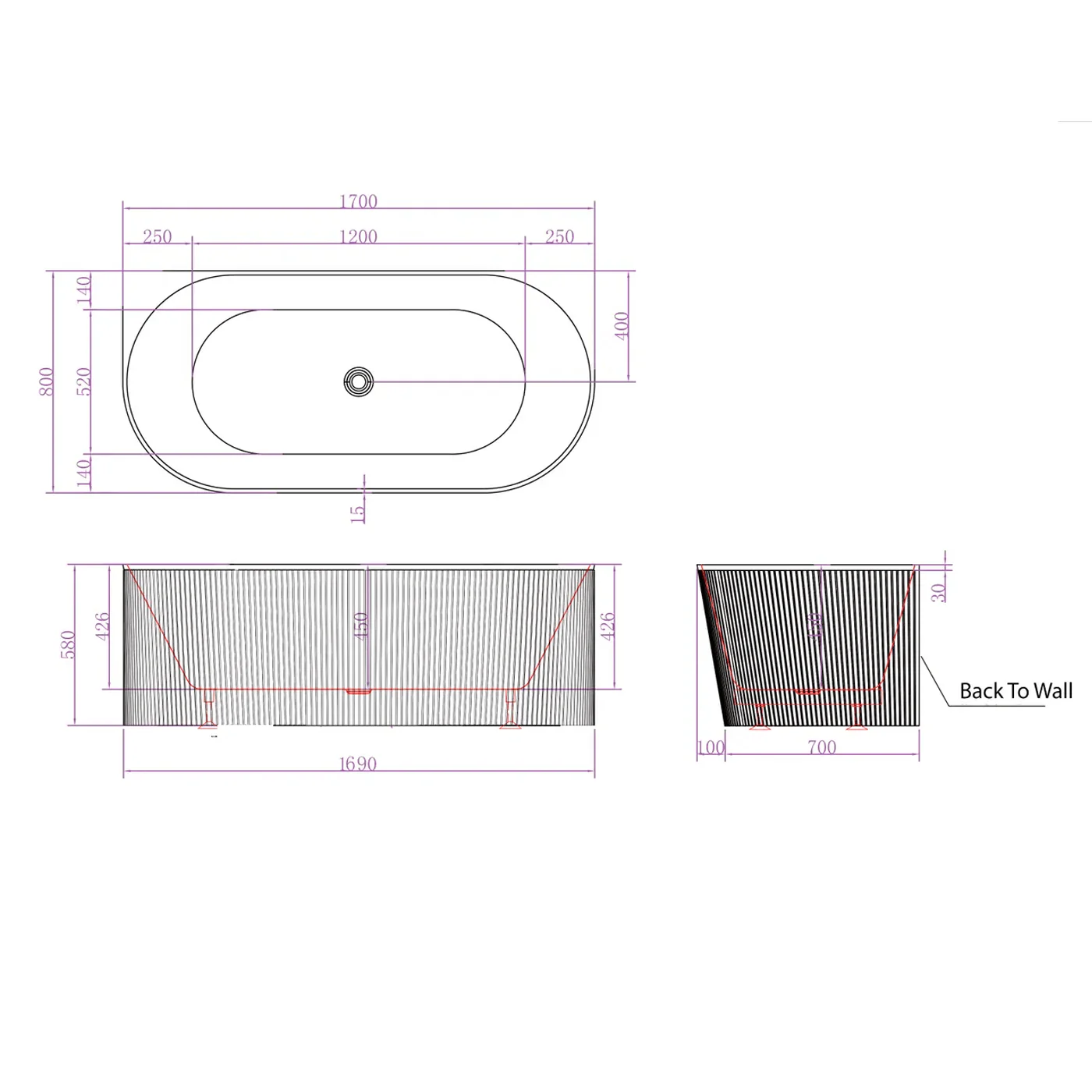 Noosa Fluted Back to Wall Bathtub - Image 4