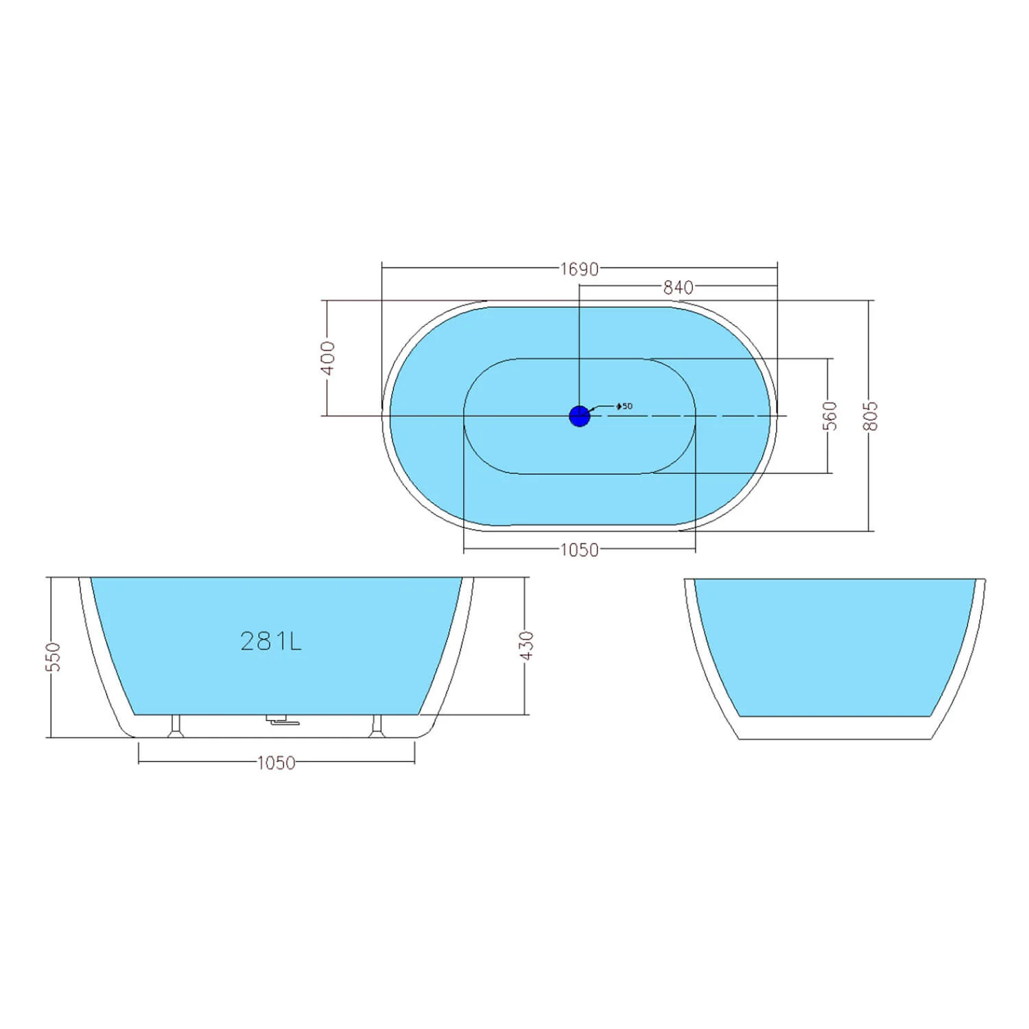 Olivia Oval Shape Freestanding Bathtub - Image 8