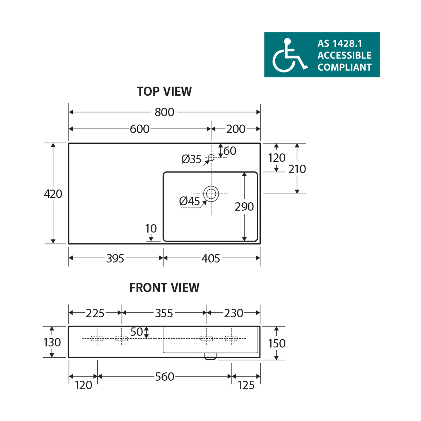 Petra Skew Wall Hung Ceramic Basin 800mm - Image 4