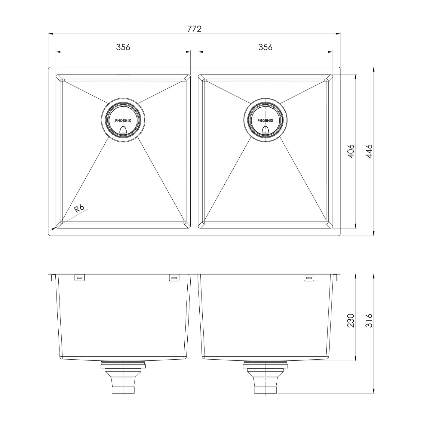 Phoenix 4000 Double Bowl Sink 772x446x230mm - Image 3