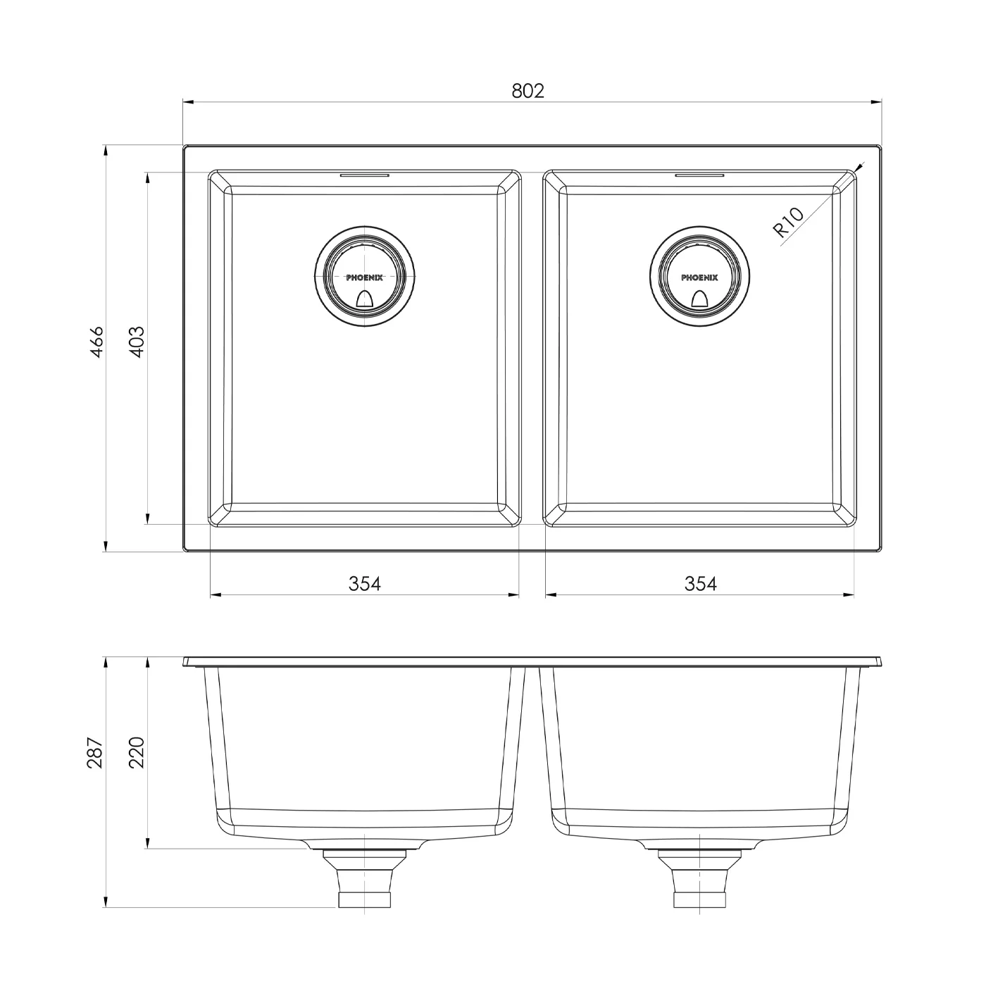 Phoenix 5000 Double Bowl Sink 802x466x220mm - Image 4