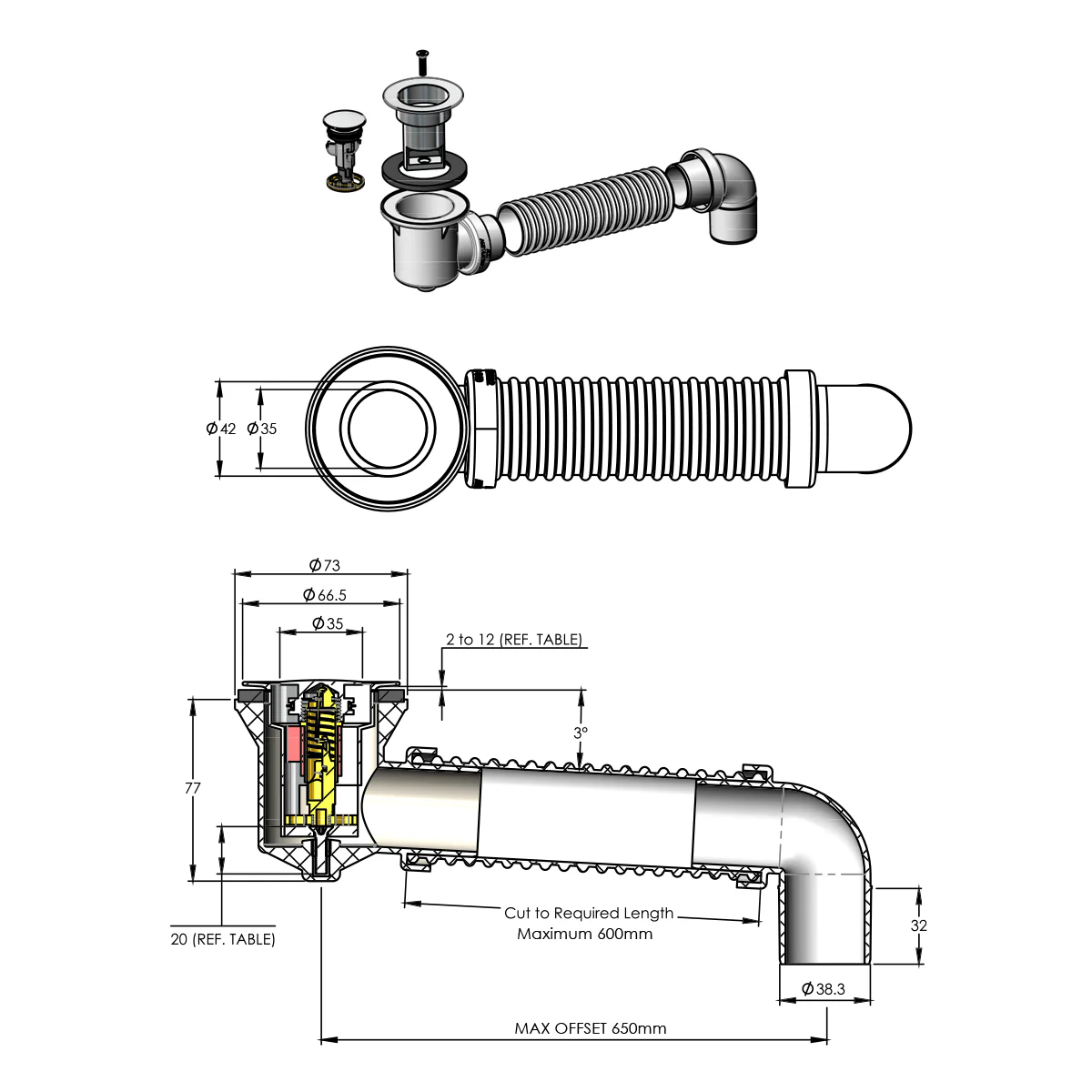 Pop Down Pull Out Bath Waste 40mm with Connector - Image 8