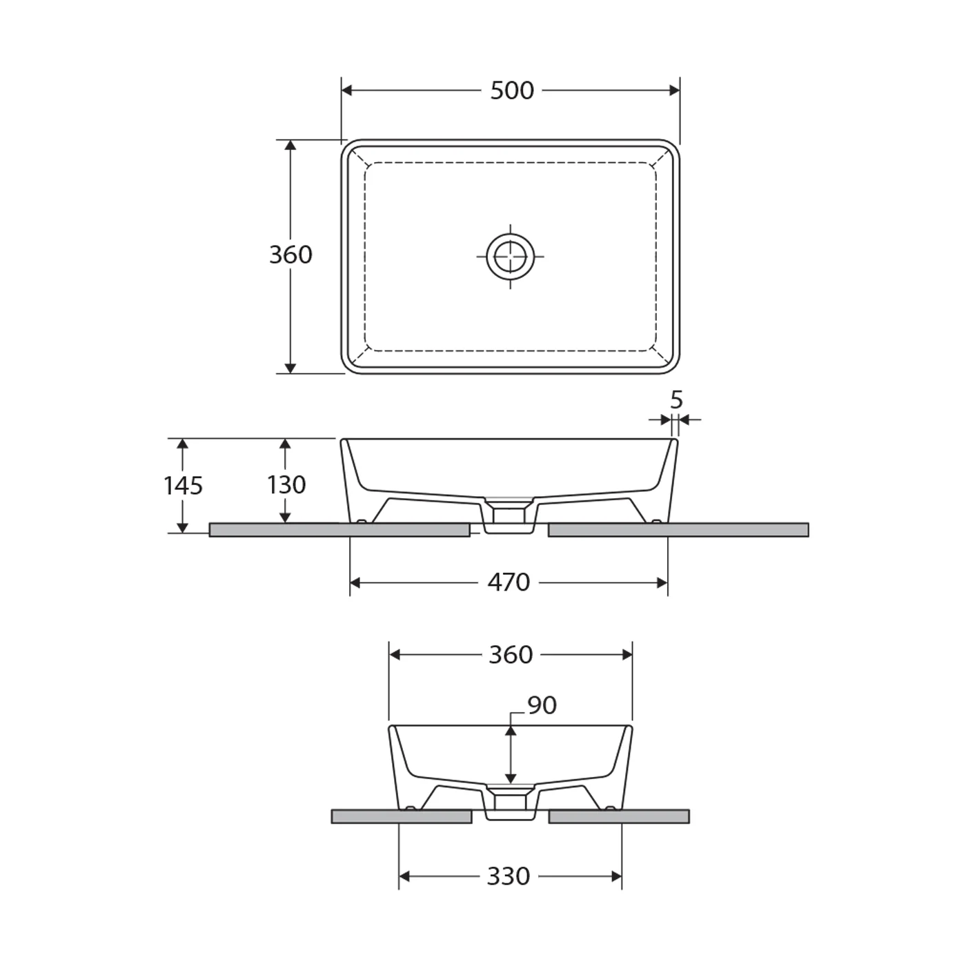 RAK Rectangle Above Counter Ceramic Basin 500x360mm - Image 3