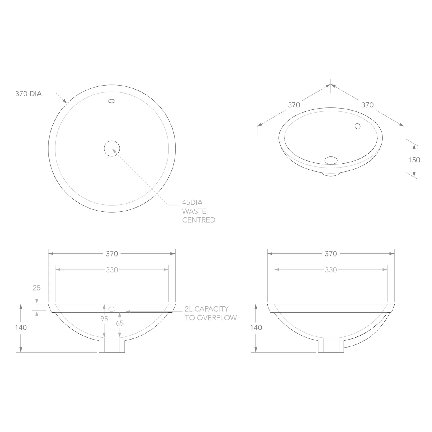 Round Undermount Ceramic Basin 370mm - Image 3