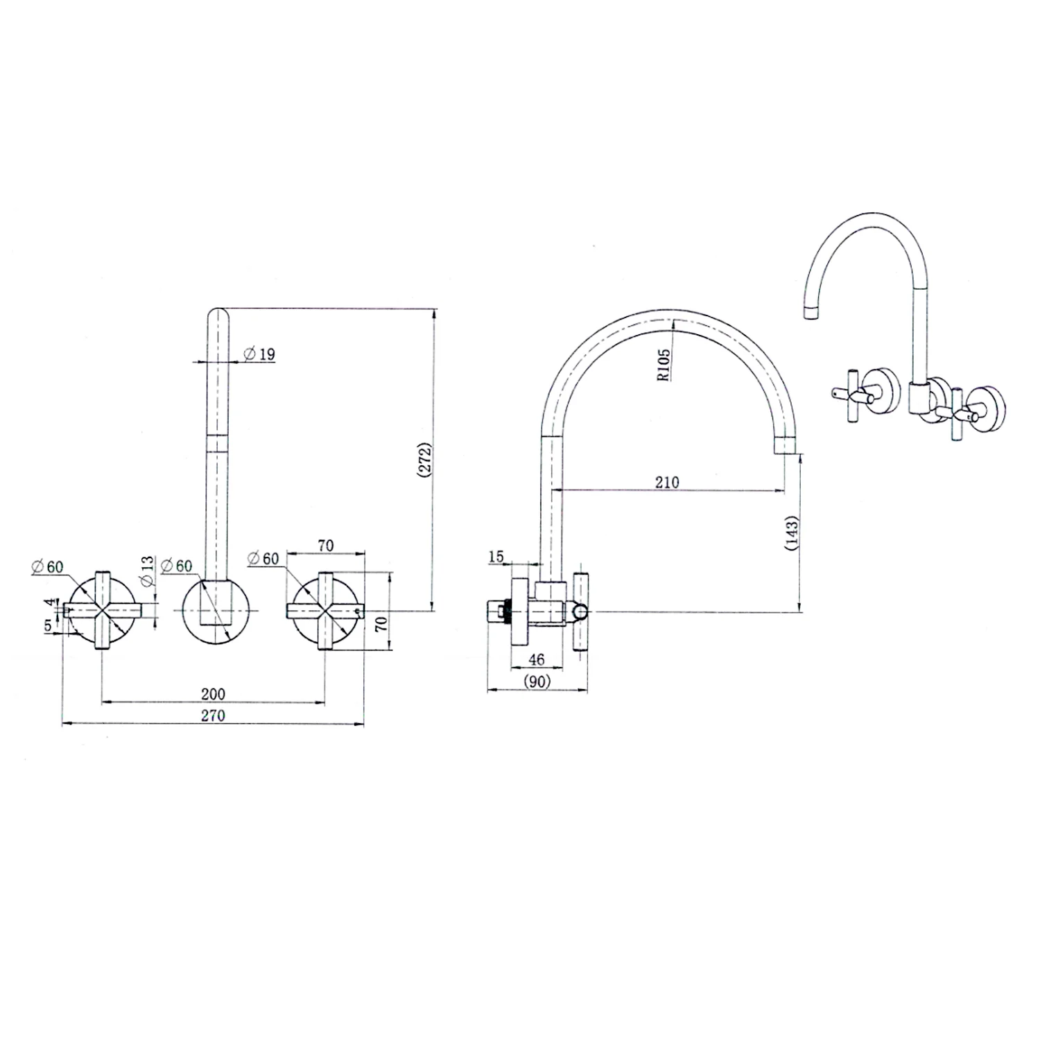 Ryker Cross Handle Wall Assembly Tap Set - Image 7