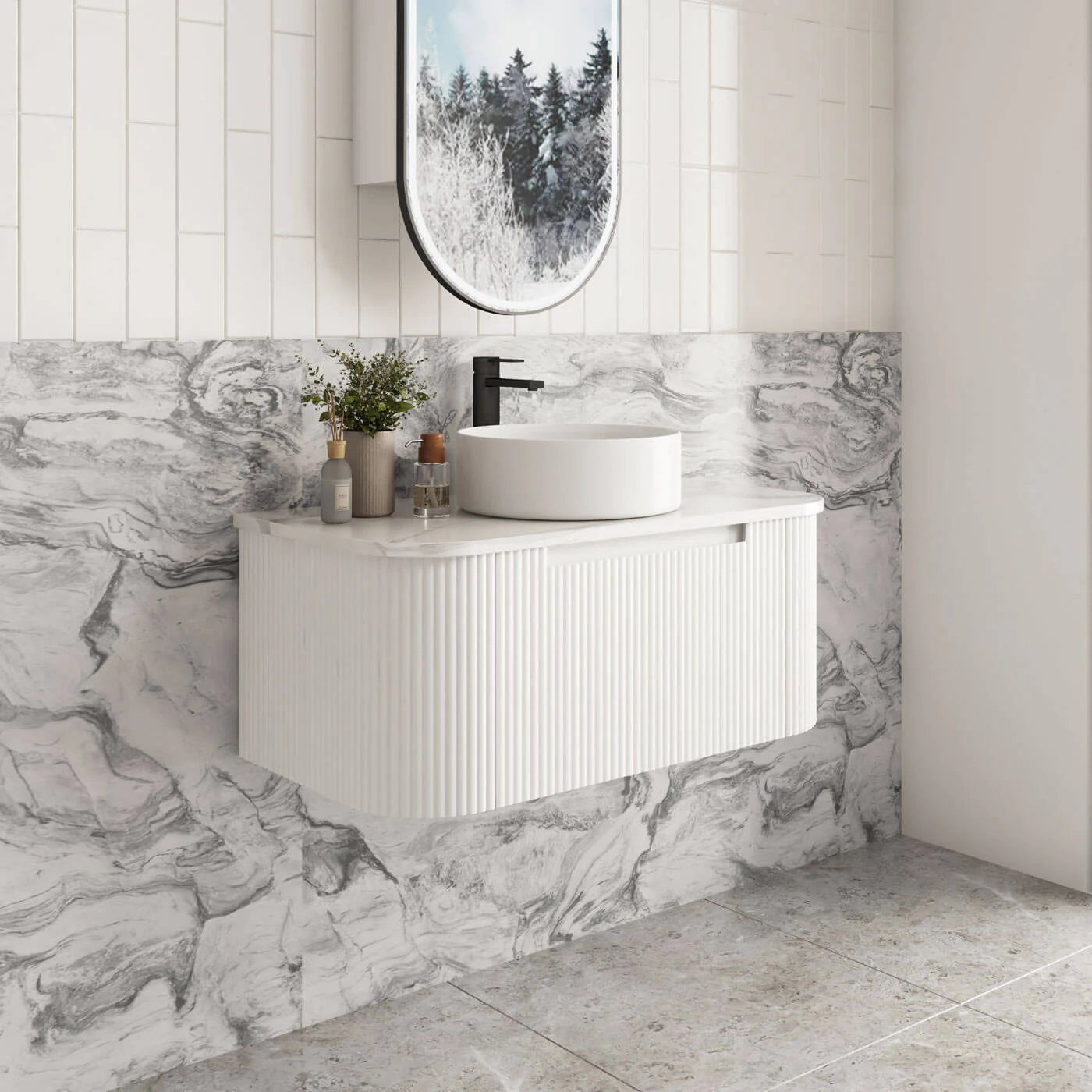 Savio Matte White Curved Wall Hung Vanity